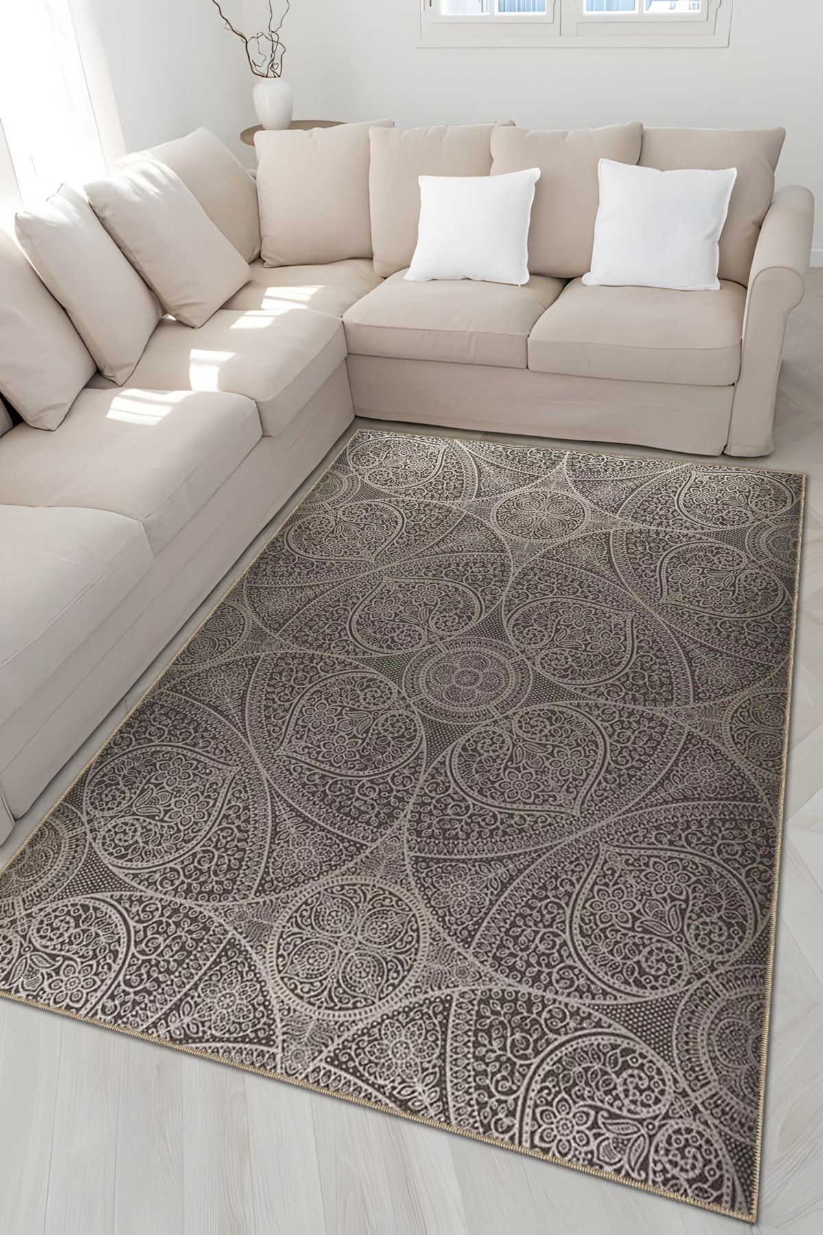 Gri Temalı Yıldız ve Daire Şekil Motif Desenli Vintage Dekoratif Halı 4909