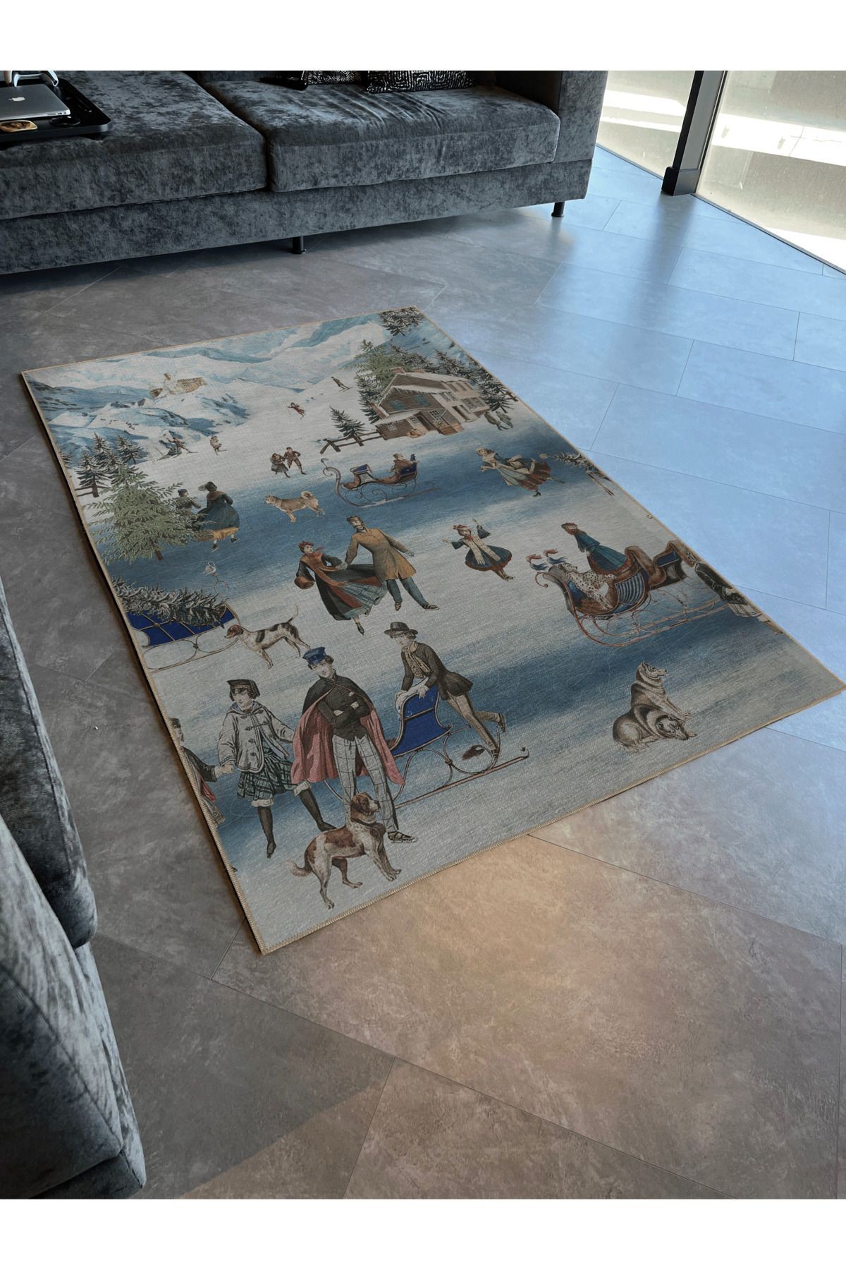Kış Temalı Kızak Kurt ve İnsan Desenli Kreatif Modern Dekoratif Halı 2714