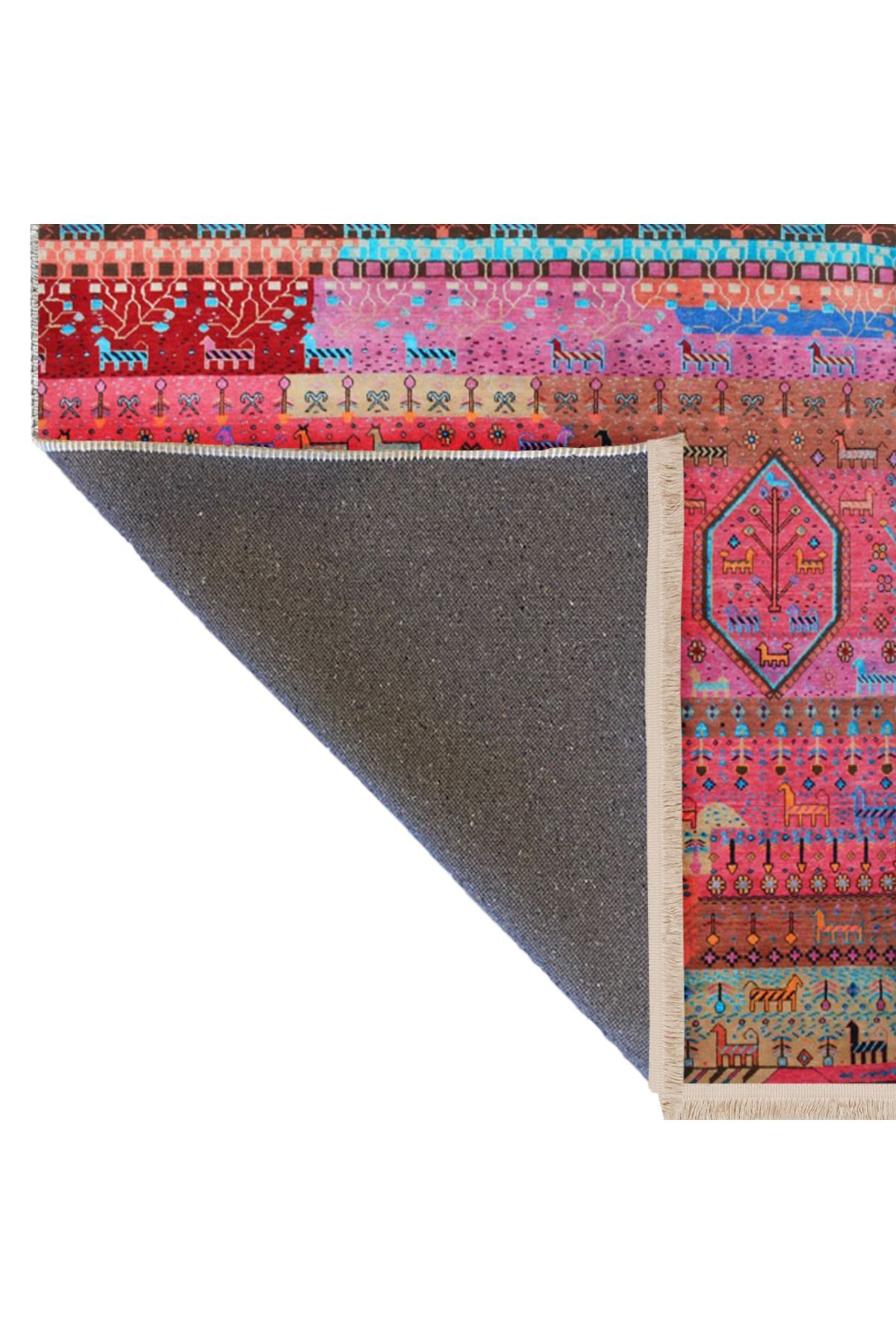 Barcelona Koleksiyonu Pembe Tonlarda Geyik ve Çiçek Motifleri Desenli Vintage Dekoratif Halı 02