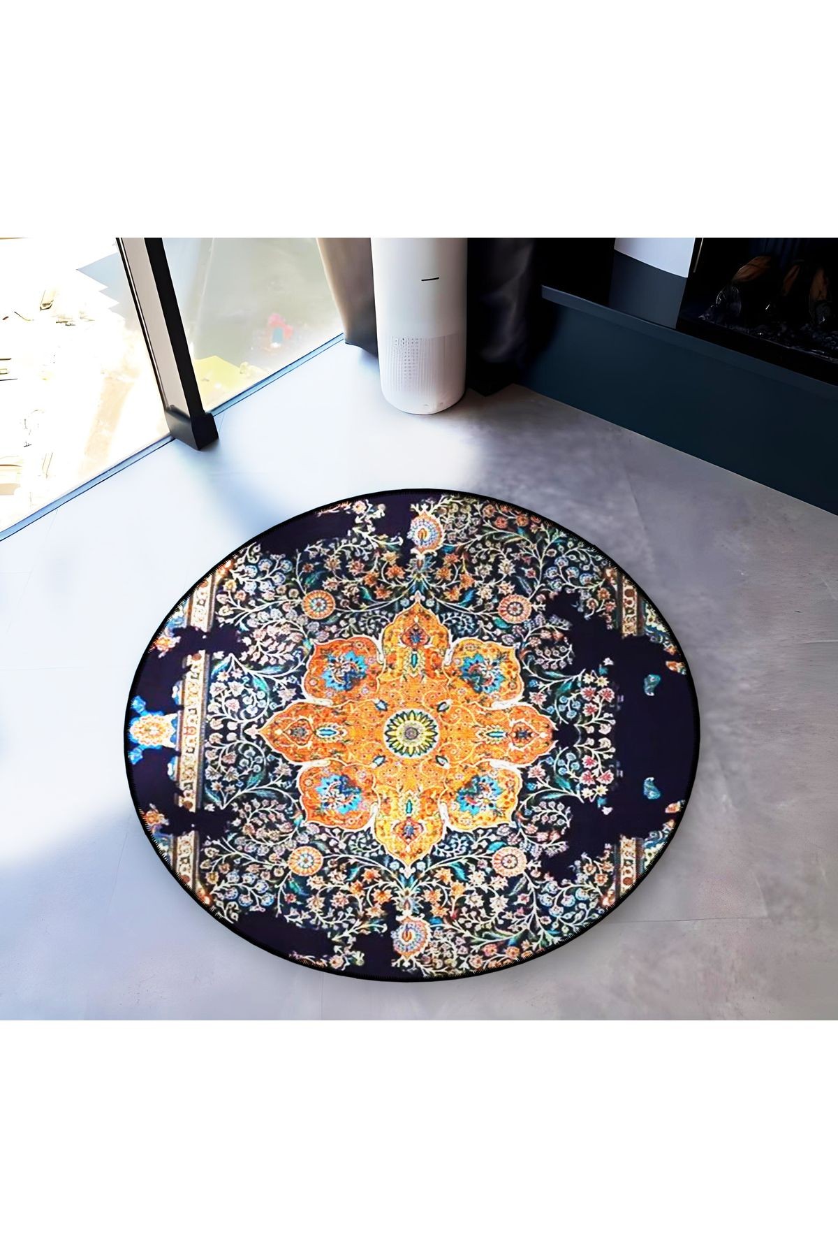 Mira Yuvarlak Lacivert Tonlarda Turuncu Detaylı Antik Desen Dokuma Taban Modern Dekoratif Halı 5705