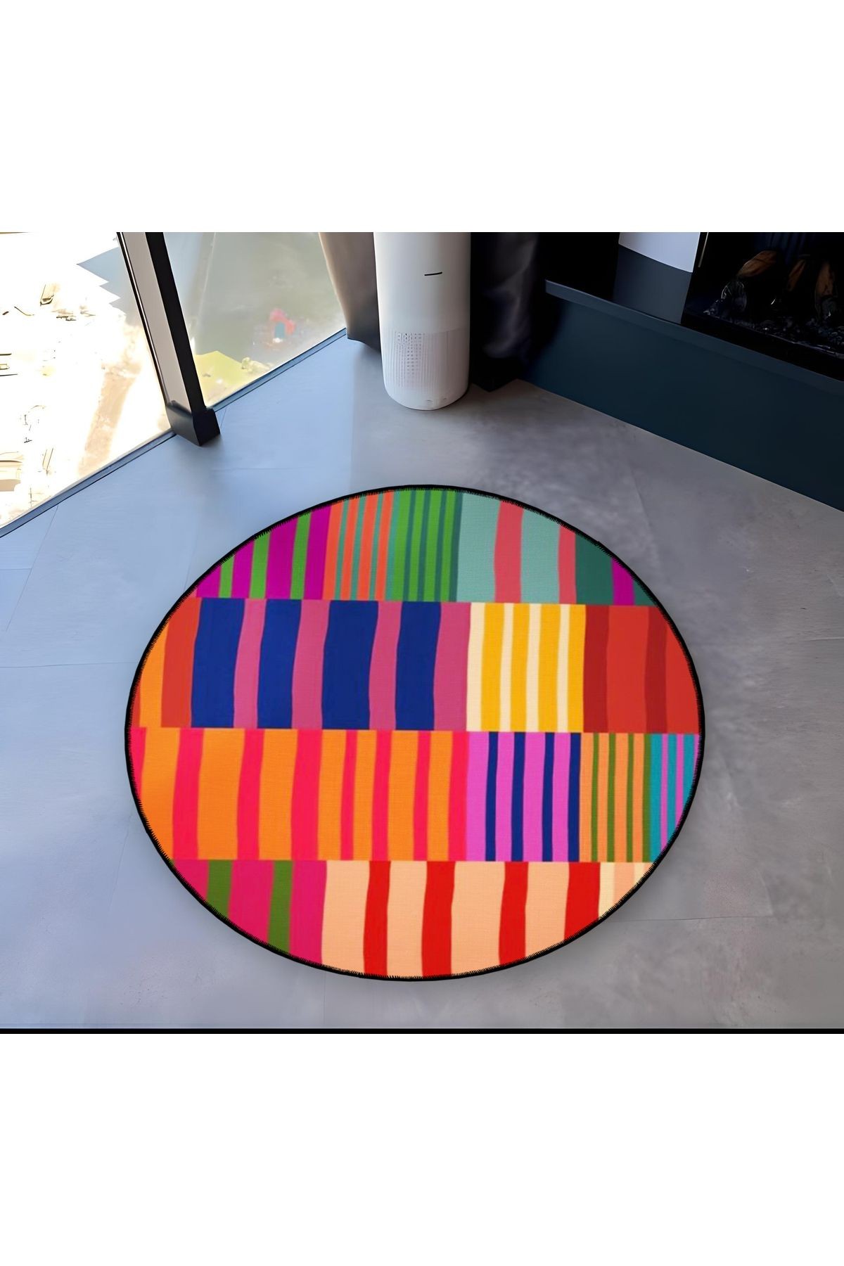 Çok Renkli Çizgili Geometrik Desenli Yuvarlak Dokuma Taban Modern Dekoratif Halı 6103