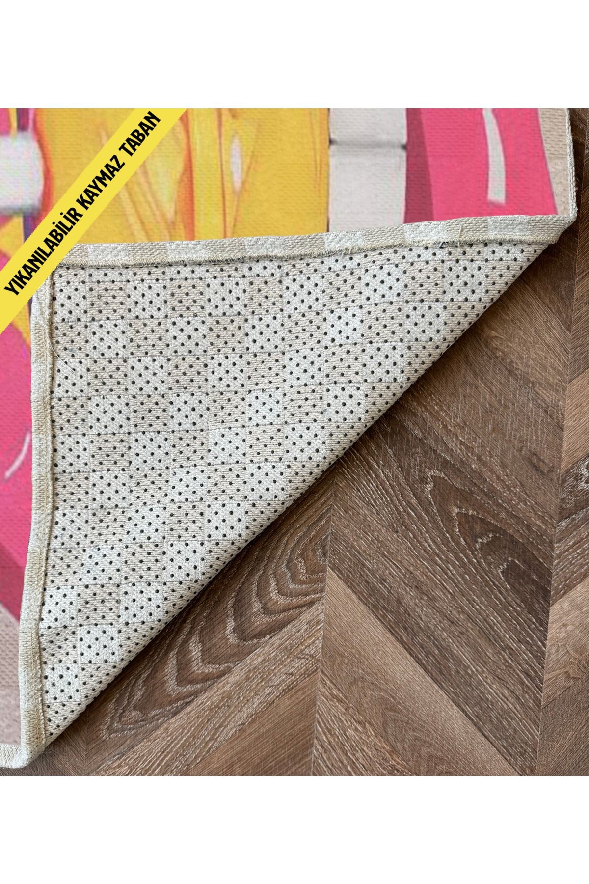 Sarı Pembe Temalı Lolipop ve Dudak Desenli Modern Dekoratif Banyo Paspası 90×60