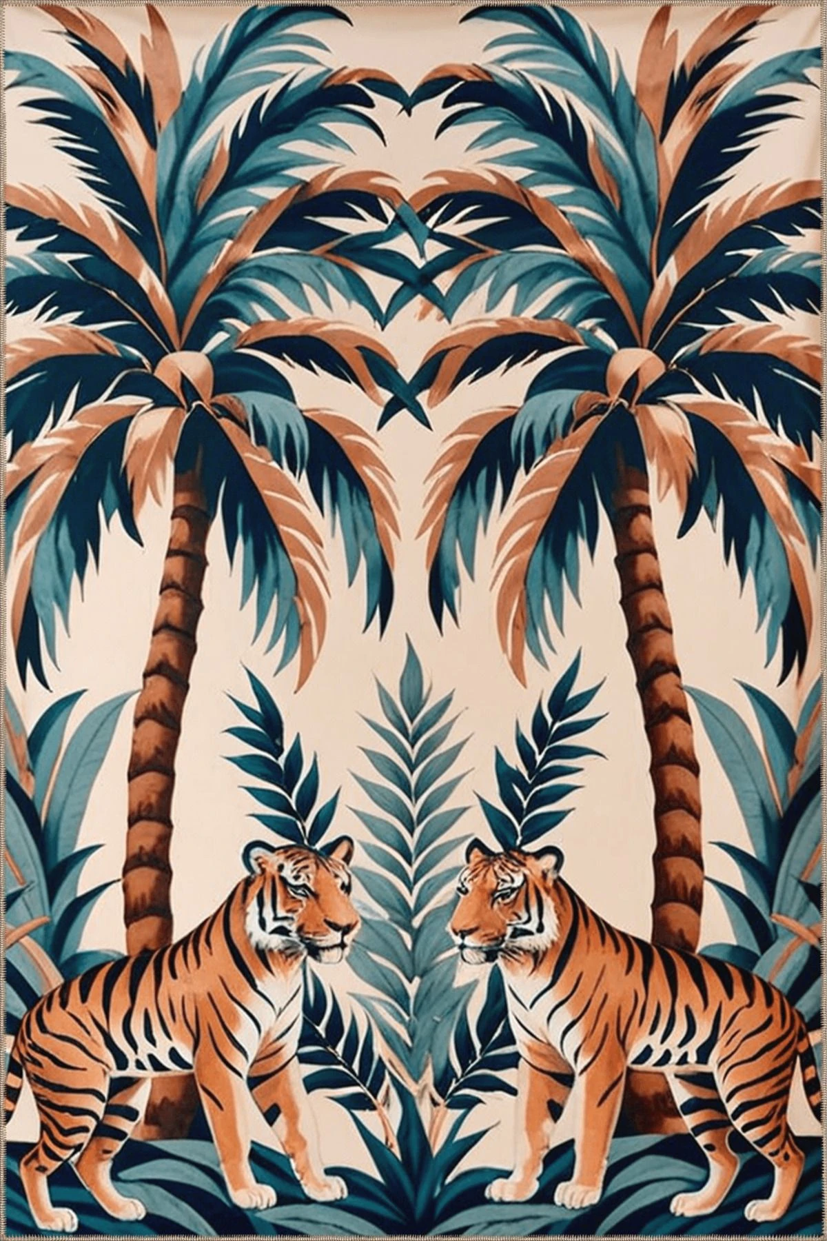 Paris Koleksiyonu Yeşil Temalı Palmiye Ağaçları ve Kaplan Desenli Modern Dekoratif Halı 67