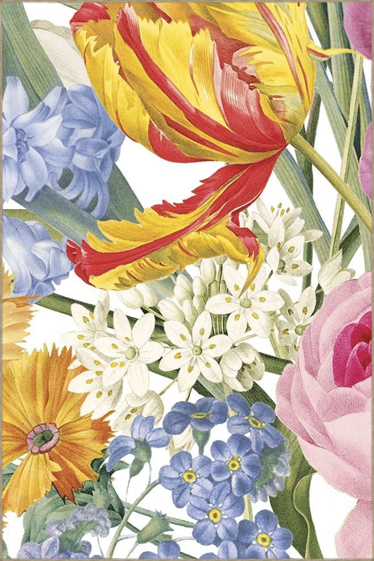 Floral Temalı Çok Renkli Karma Çiçek Menekşe Gül Desenli Modern Dekoratif Halı 4952