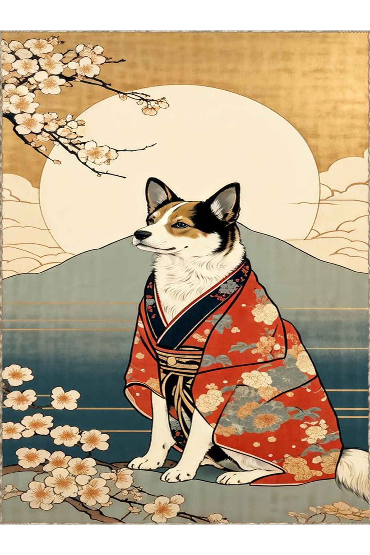 Tuğrul Koleksiyonu Güneş ve Kimono Giyen Köpek Desenli Dokuma Taban Modern Dekoratif Halı 36
