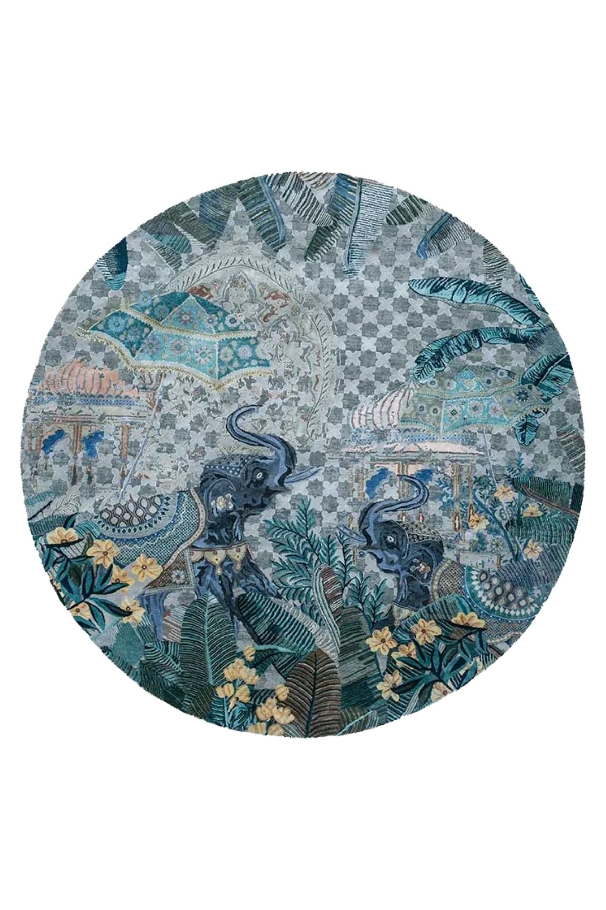 Mavi Tropikal Fil Figürlü Dokuma Taban Yuvarlak Dekoratif Halı 1742