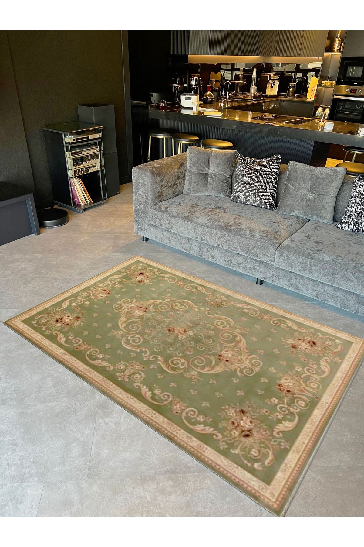 İnci Koleksiyonu Yeşil ve Bej Tema Etnik Motif Desenli Dokuma Taban Vintage Dekoratif Halı inci27