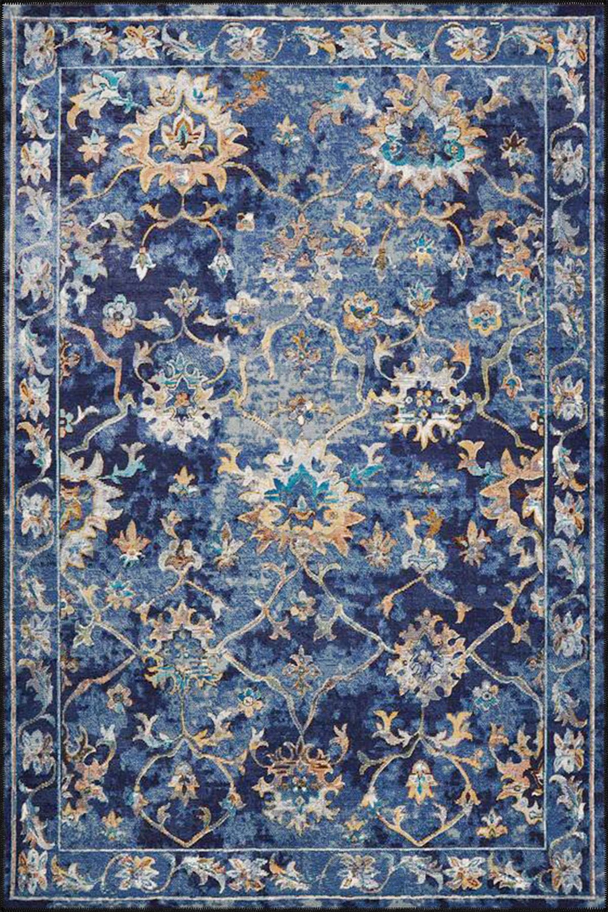 Floral Çiiçekli Mavi Renkli Dokuma Taban ve Dekoratif Halı miravip611