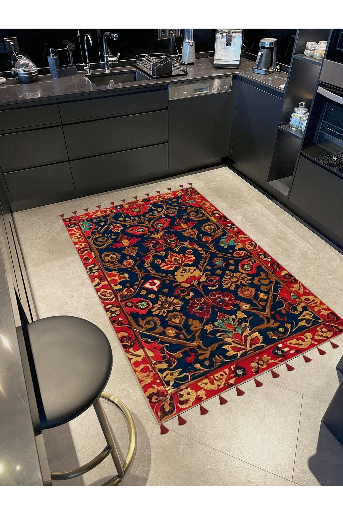 Royal Çiçek ve Etnik Figürler Desenli Püskül Detaylı Dokuma Taban Dekoratif Halı royal34