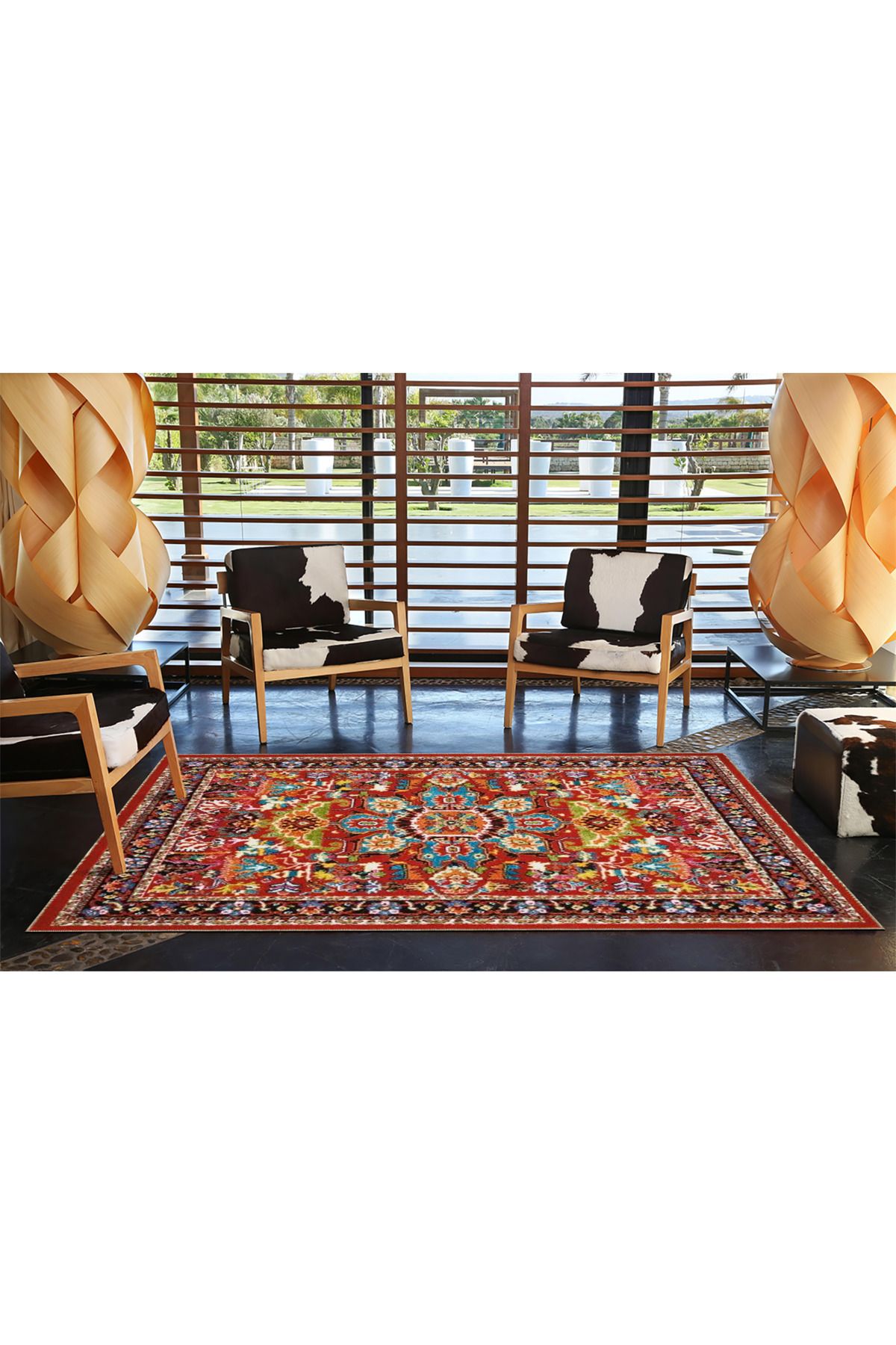 Kırmızı Temalı Çok Renkli Karma Geleneksel Motif Etnik Desenli Vintage Dekoratif Halı 4619