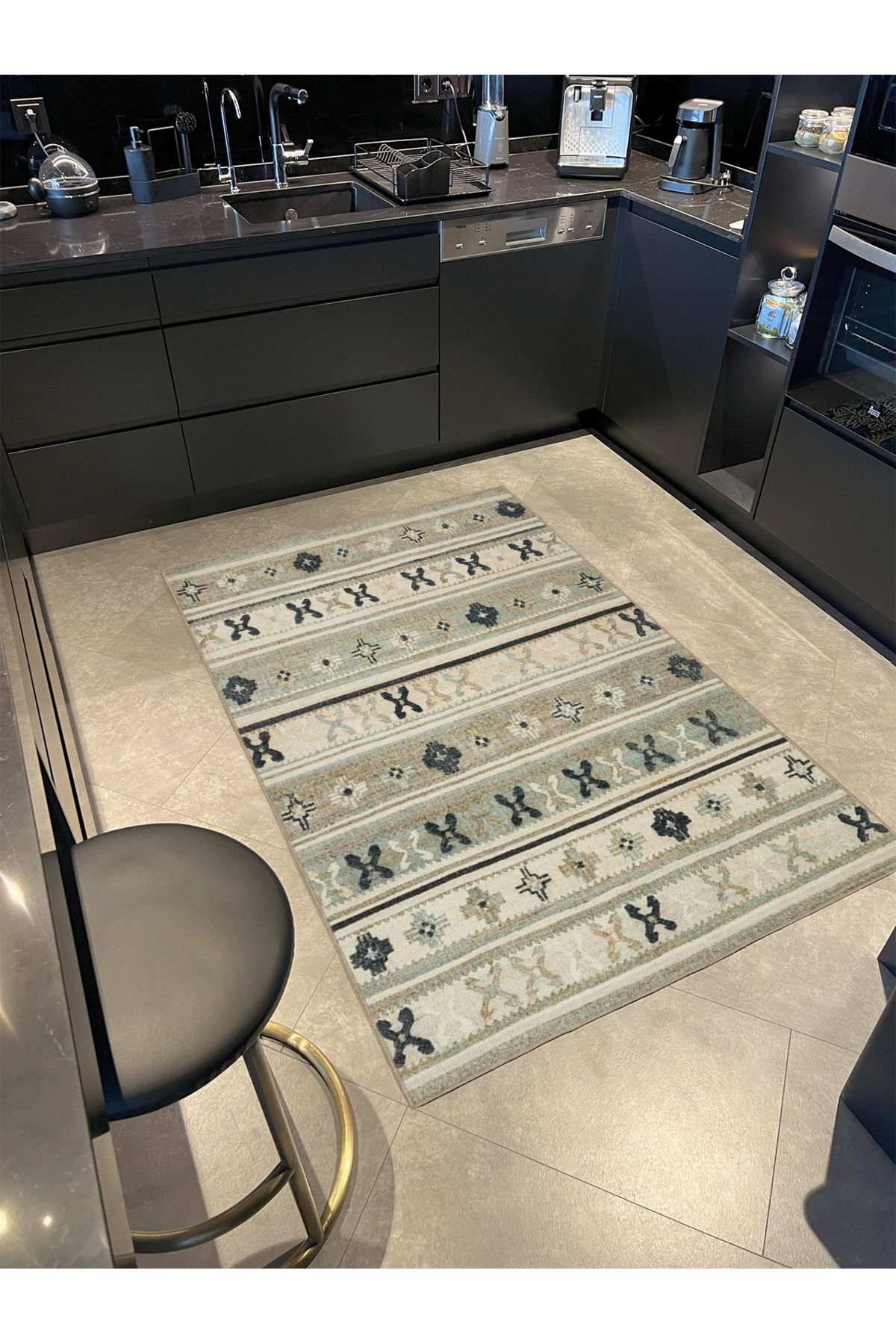 Gri Temalı Motifli Etnik Figür Desenli Vintage Dekoratif Halı 3957