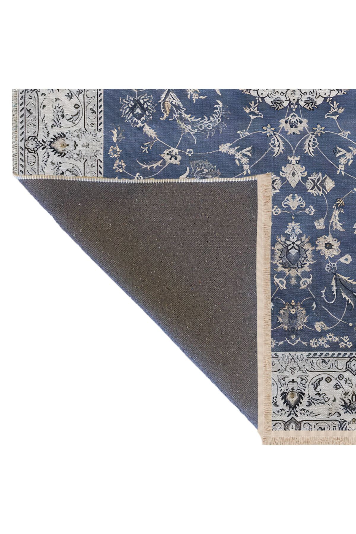 Lacivert Temalı Geleneksel Motif Çiçek Desenli Kreatif Vintage Dekoratif Halı 2423