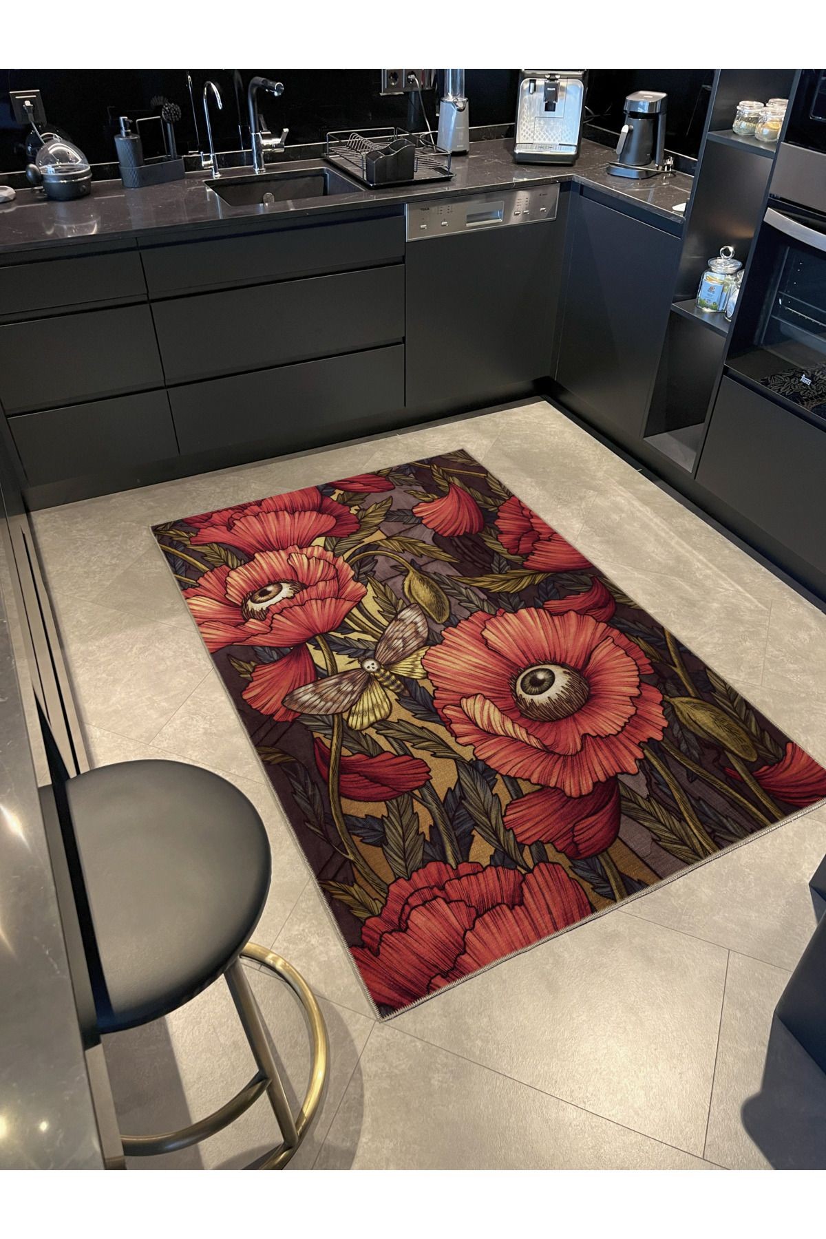 Çok Renkli Kırmızı Gül ve Göz Desenli Kreatif Modern Dekoratif Halı 2366