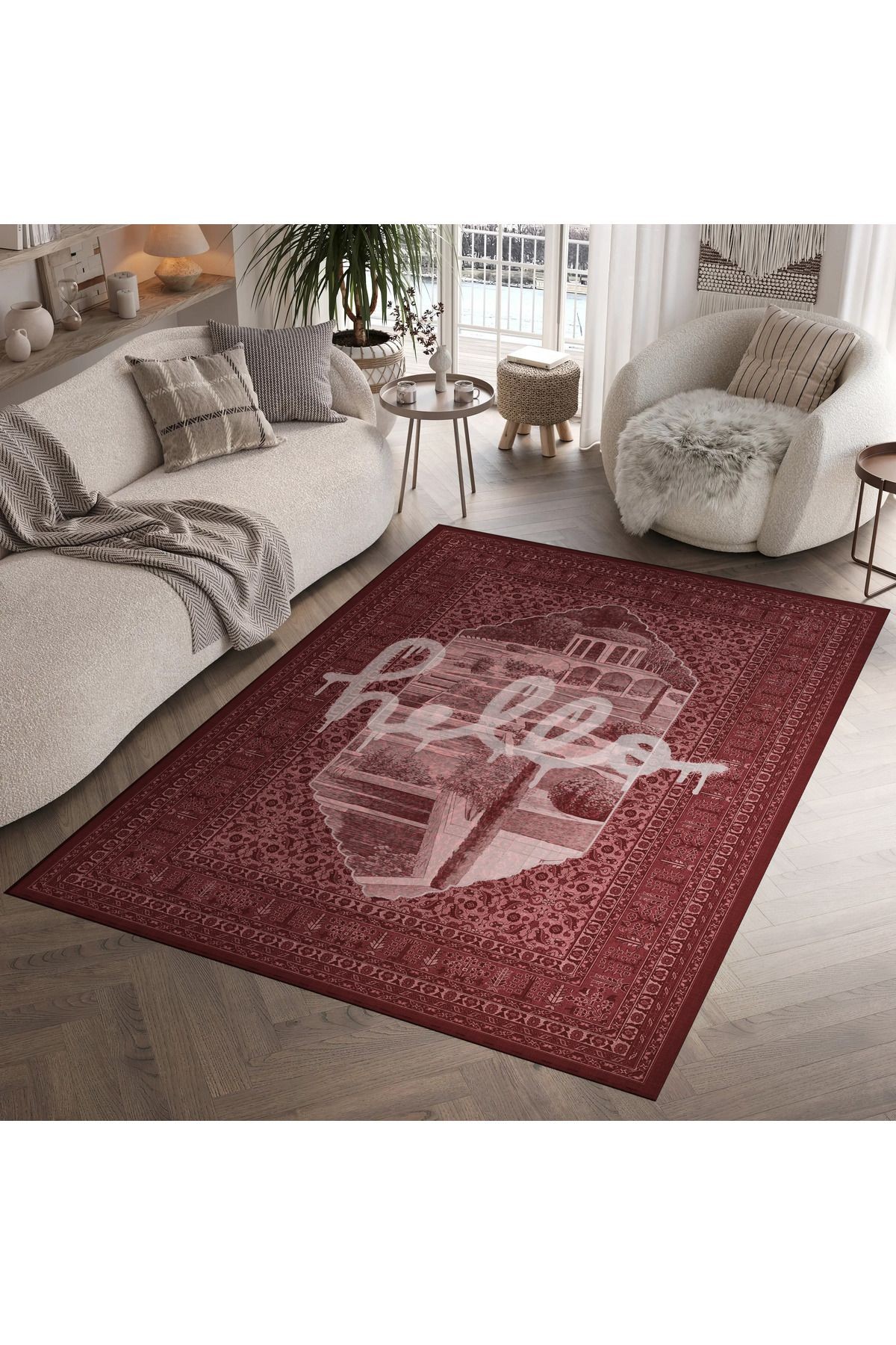 Bliss Bordo Hello Yazılı Vintage Dokuma Taban Dekoratif Salon Halısı 906