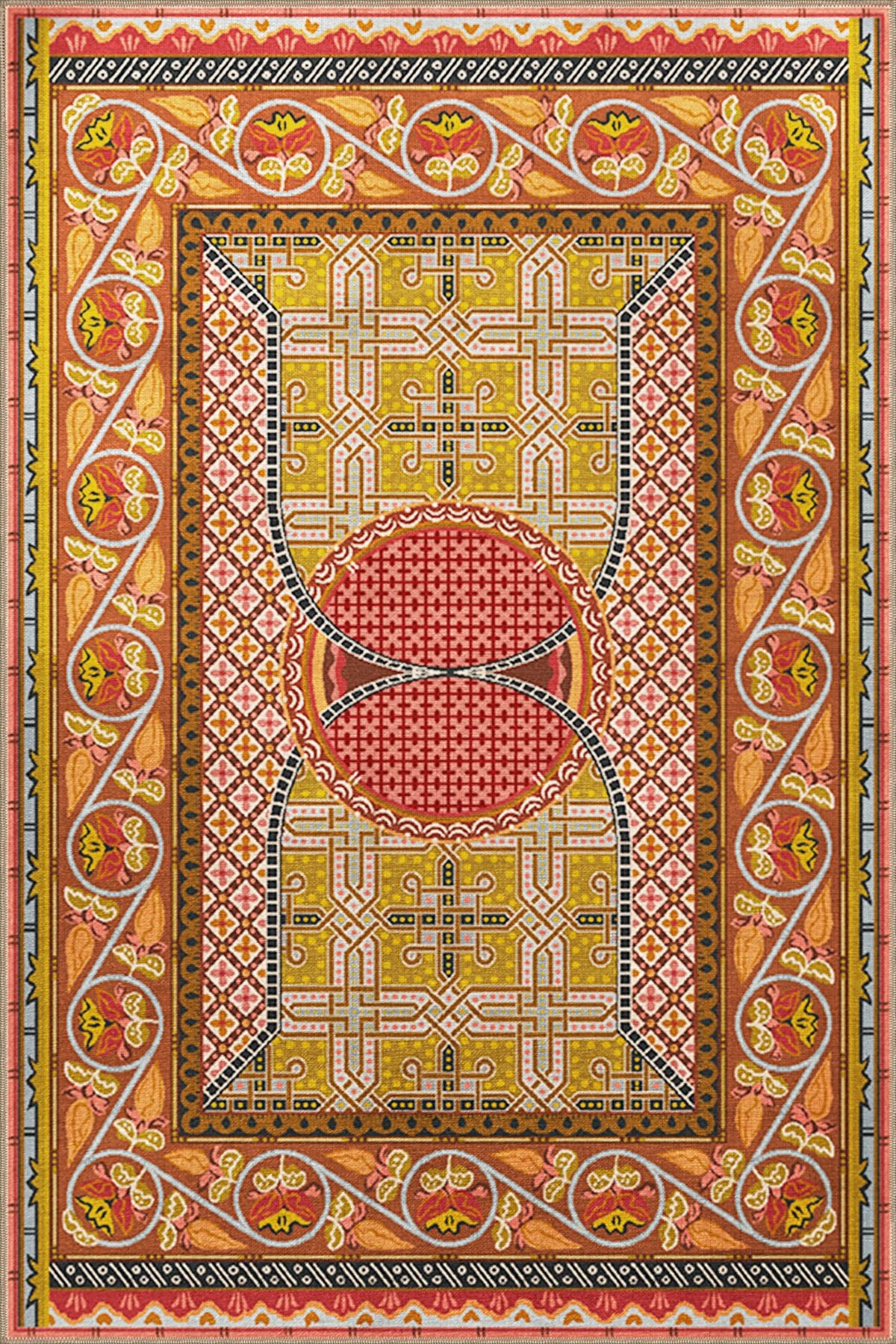 Turuncu Temalı Çok Renkli Motifli Etnik Çiçek Desenli Vintage Dekoratif Halı 3419