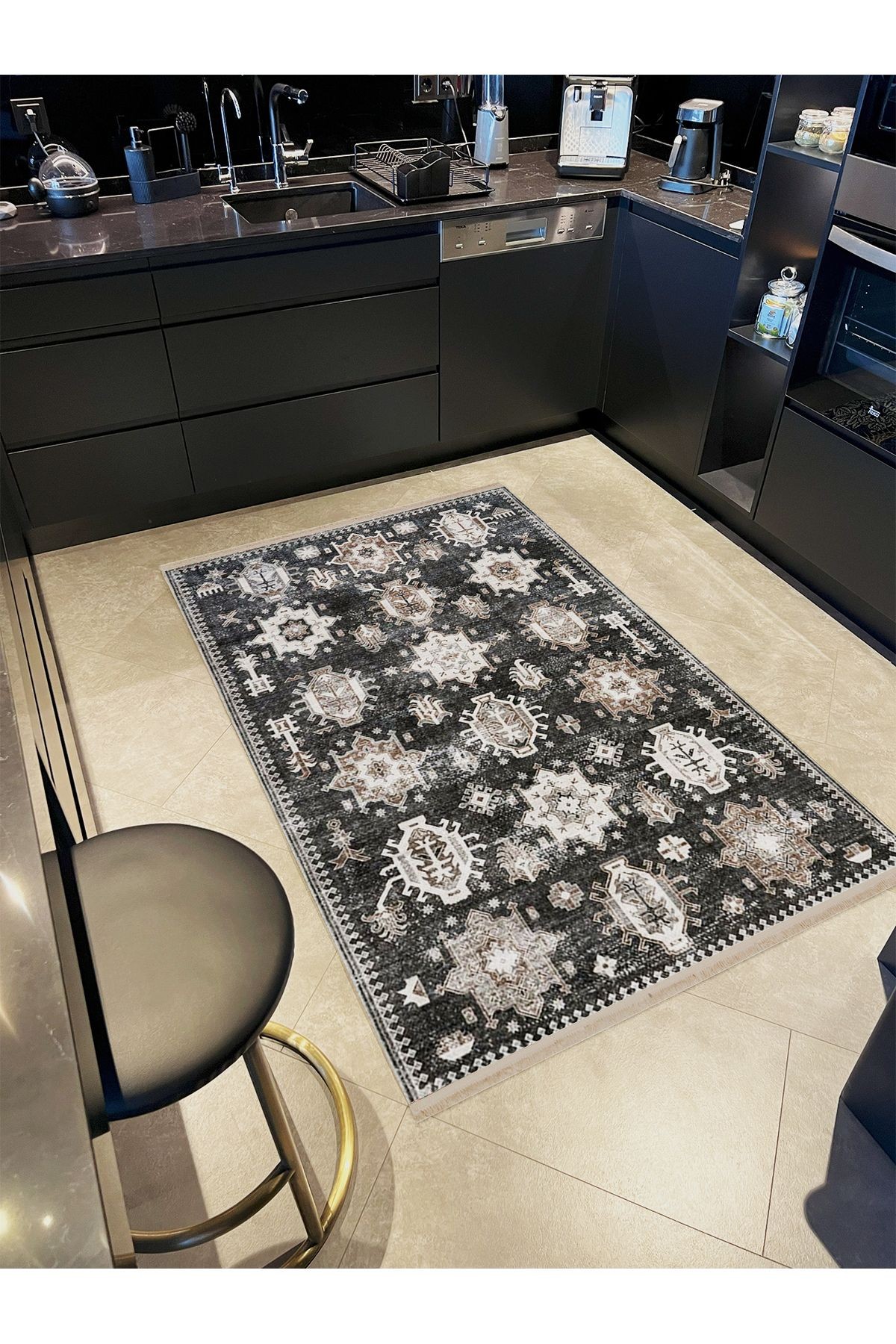 Umay Koleksiyonu Eskitme Görünümlü Koyu Gri Desenli Dokuma Taban Modern Dekoratif Halı umay45