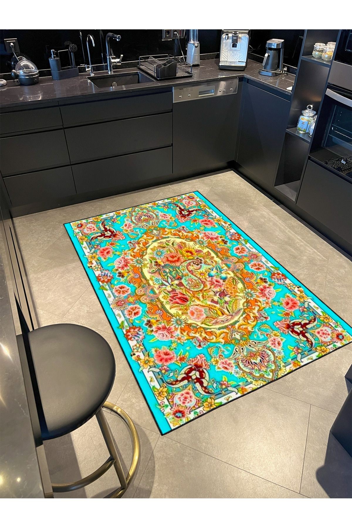 Açık Mavi Vintage Desenli Dokuma Taban Halı ve Yıkanabilir Halı aloha163