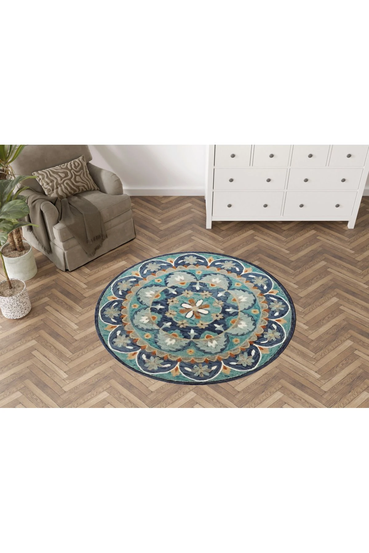 Mavi Ton Çok Renkli Geleneksel Motif Çiçek Desenli Kreatif Dokuma Taban Yuvarlak Dekoratif Halı 2097