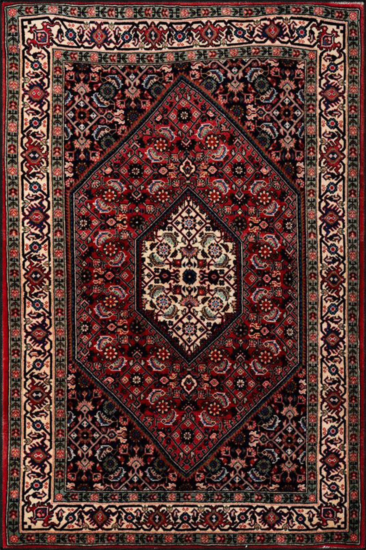 Kapalı Kırmızı Tonlarda Geleneksel Gül Desenli Dokuma Taban ve Dekoratif Halı miravip70