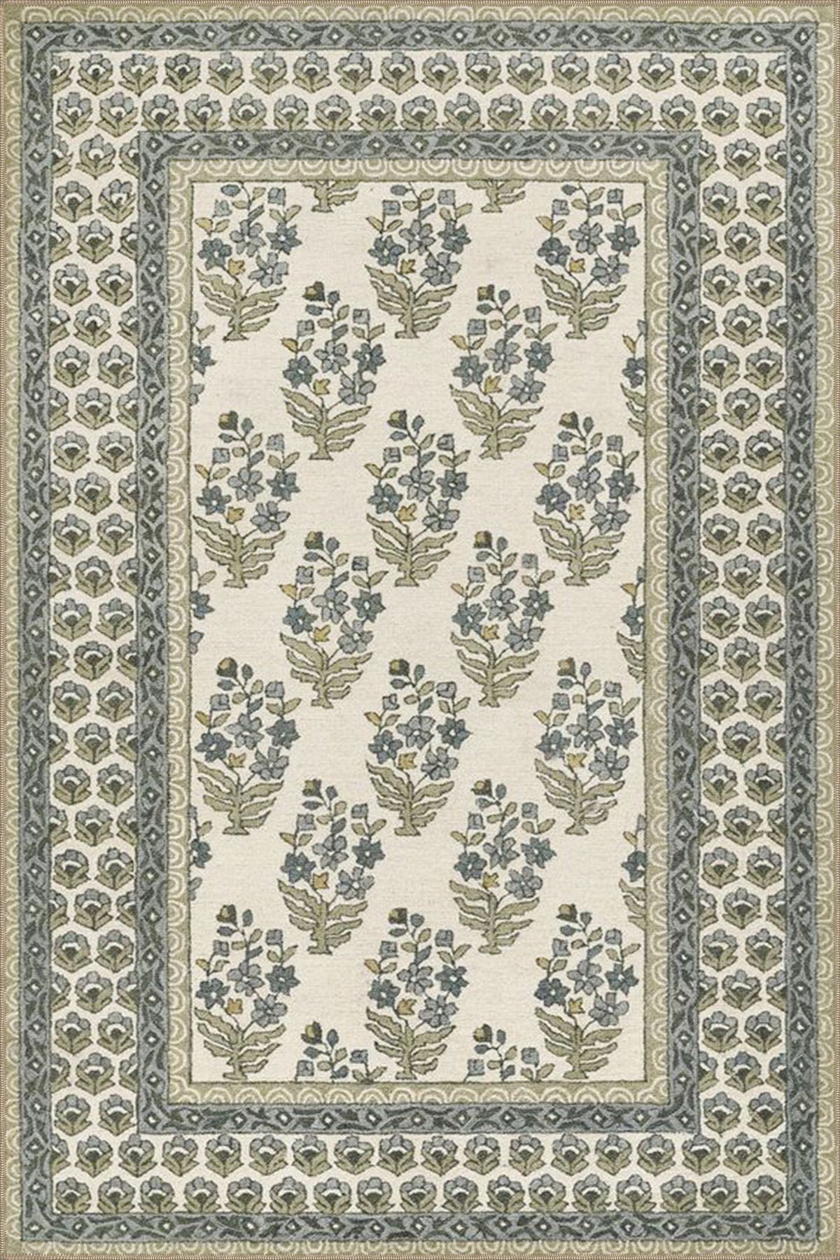 Yeşil Çerçeveli Krem Pastel Boyalı Çiçekli Dekoratif Yıkanabilir Halı miravip9001