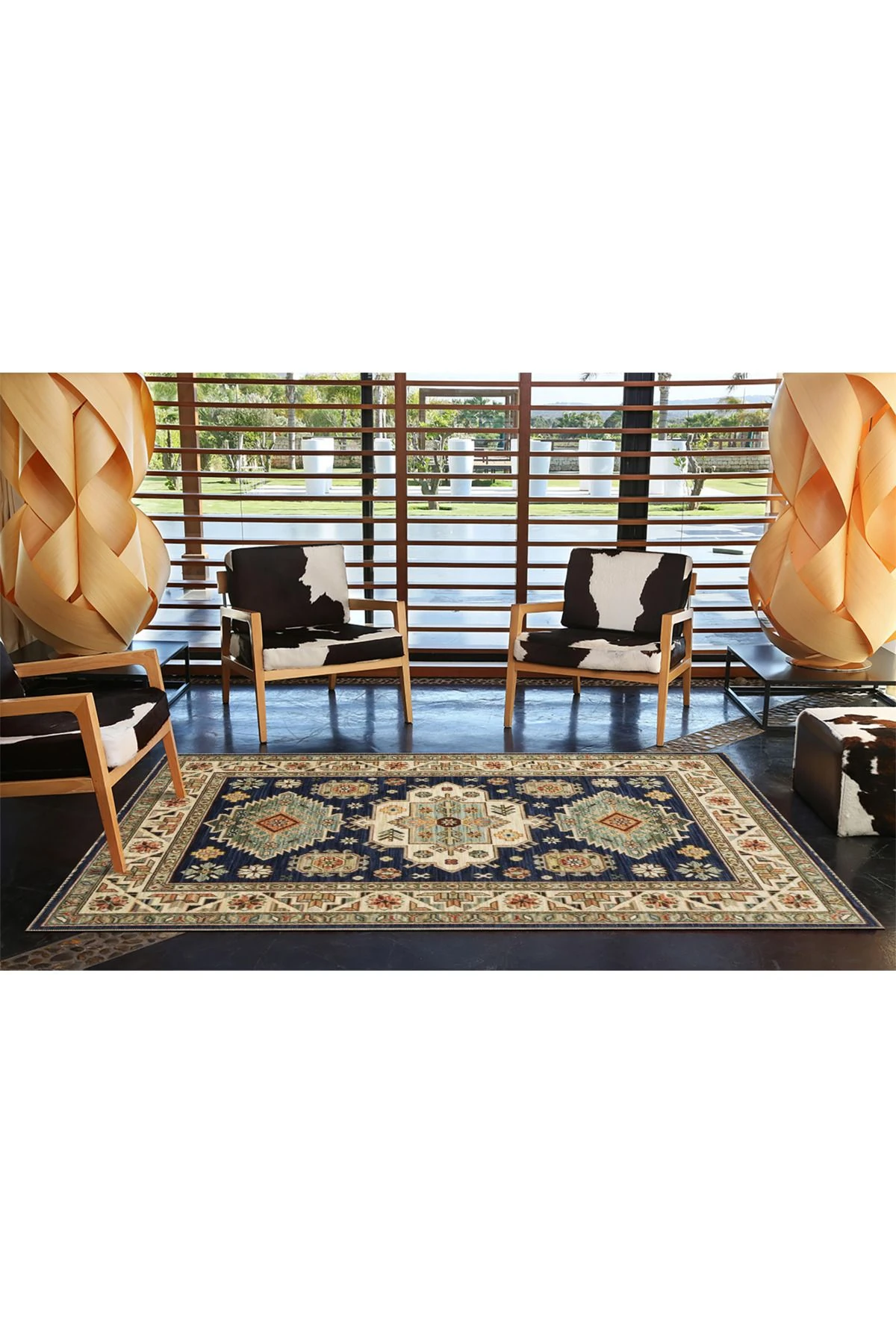 Lacivert Bej Temalı Geleneksel Motif Çiçek Desenli Vintage Dekoratif Halı 3881