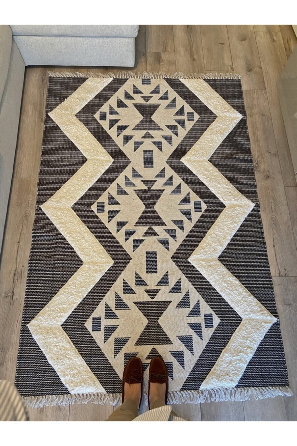 Rustik 4015 Gri Lacivert Çizgili Bohem Kilim