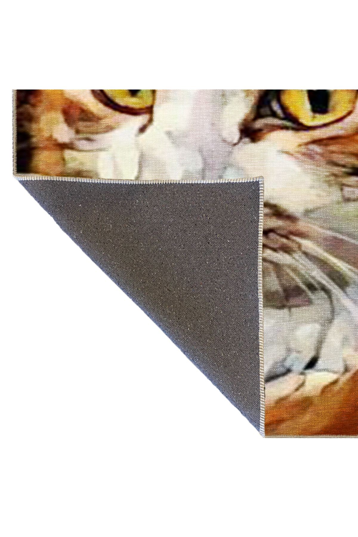 Turuncu Temalı Sürrealist Tasarım Kedi Desenli Modern Dekoratif Halı 3468
