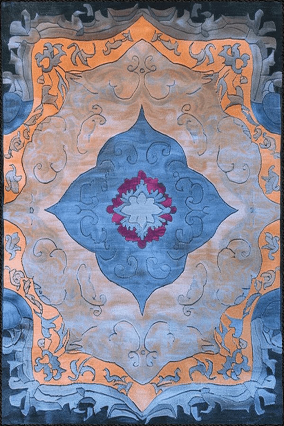 Paris Koleksiyonu Mavi Temalı Geleneksel Motif Desenli Vintage Dekoratif Halı 120