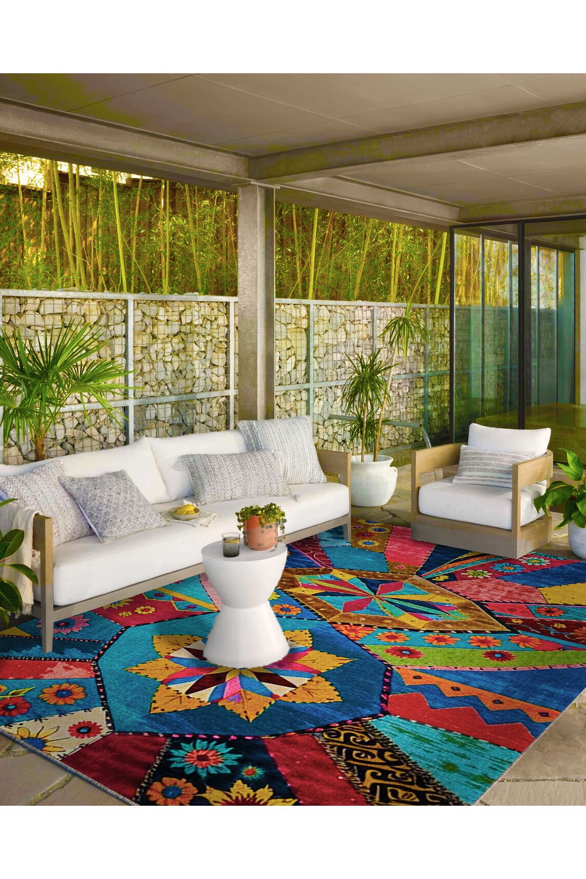 Paris Koleksiyonu Çok Renkli Geometrik Motifler ve Çiçek Desenli Vintage Dekoratif Halı 44