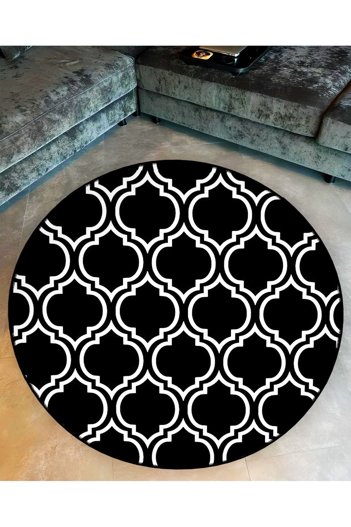 Mira Yuvarlak Siyah Beyaz Geometrik Desenli Dokuma Taban Dekoratif Halı 5739