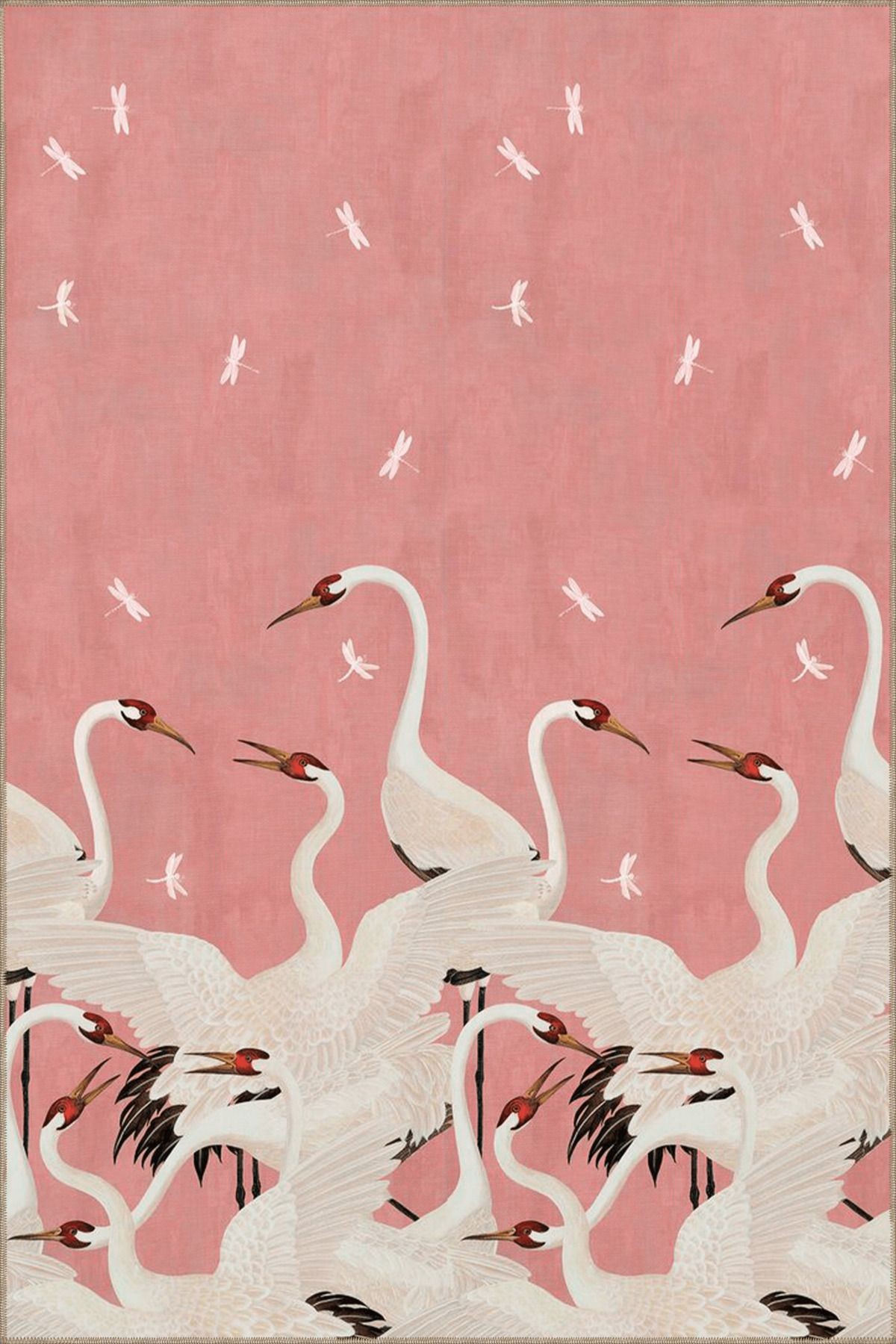 Pudra Pembe Temalı Soyut Leylek Desenli Modern Dekoratif Halı 5064