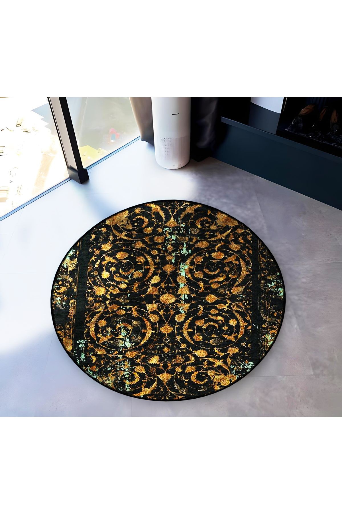 Siyah Tema Etnik Motifli Geleneksel Desenli Yuvarlak Dokuma Taban Vintage Dekoratif Halı 6164