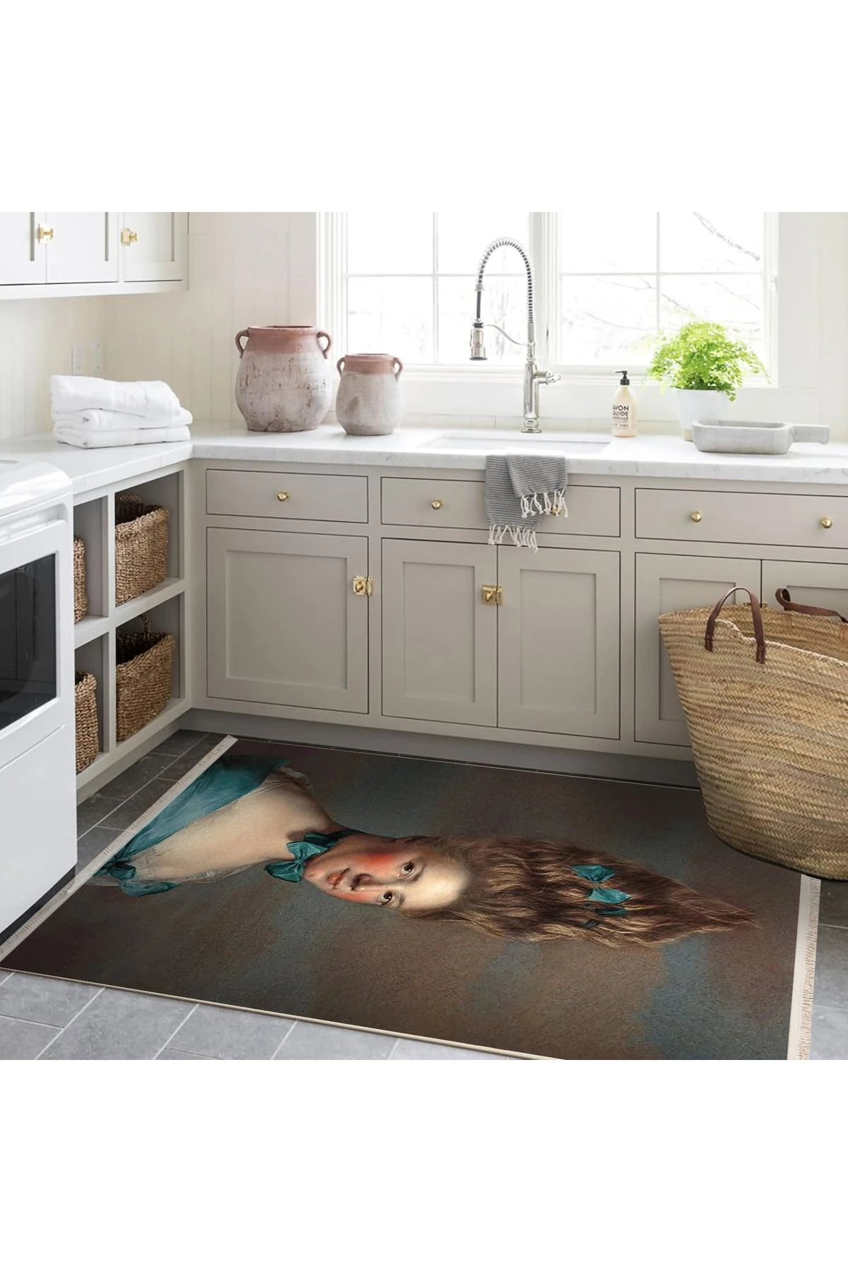 Özge Koleksiyonu Yeşil Papyonlu Ters Duran Kadın Desenli Dokuma Taban Modern Dekoratif Halı özge03