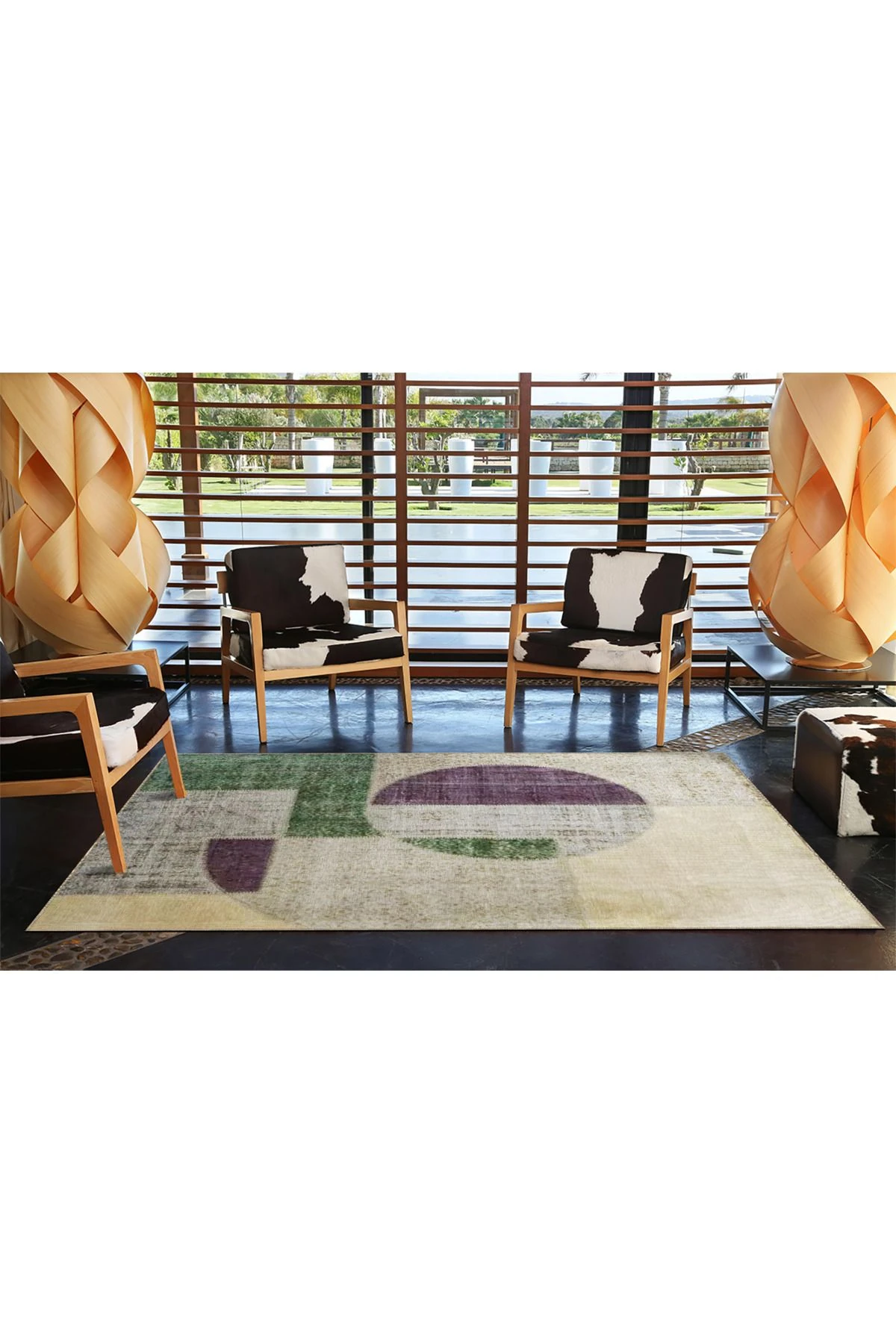 Bej Temalı Yeşil Mor Soyut Geometrik Desenli Modern Dekoratif Halı 3462