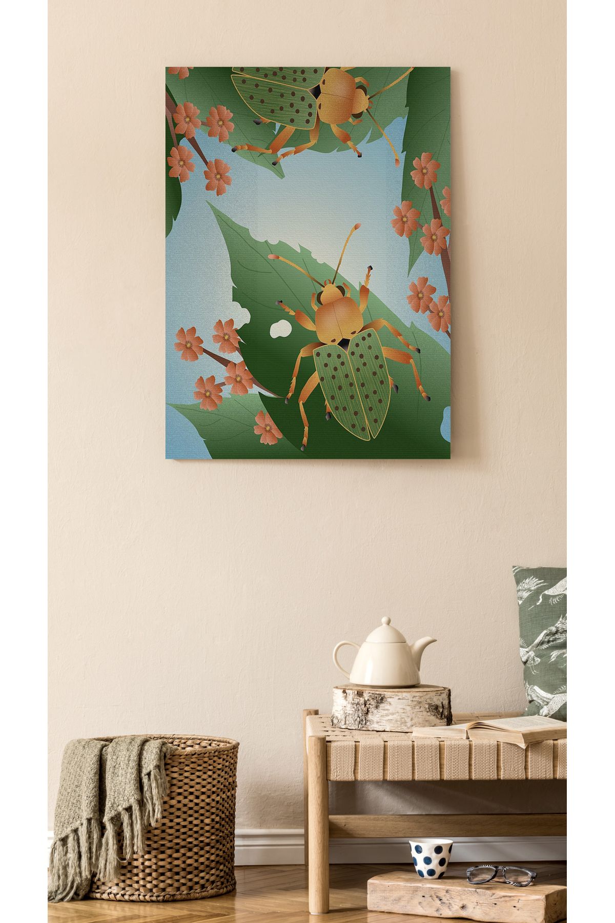 Kanvas Tablo Yapraklı Böcekli Desenli Modern Tablo