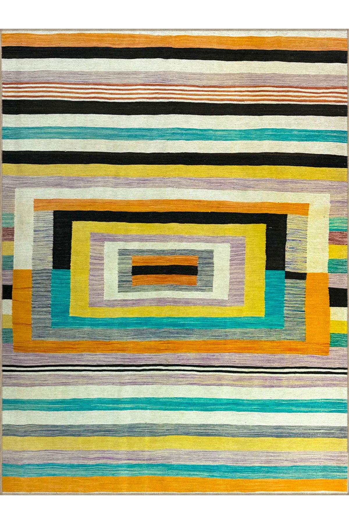 Emre Koleksiyonu Renkli Çizgili Geometrik Patchwork Desenli Dokuma Taban Modern Dekoratif Halı 30