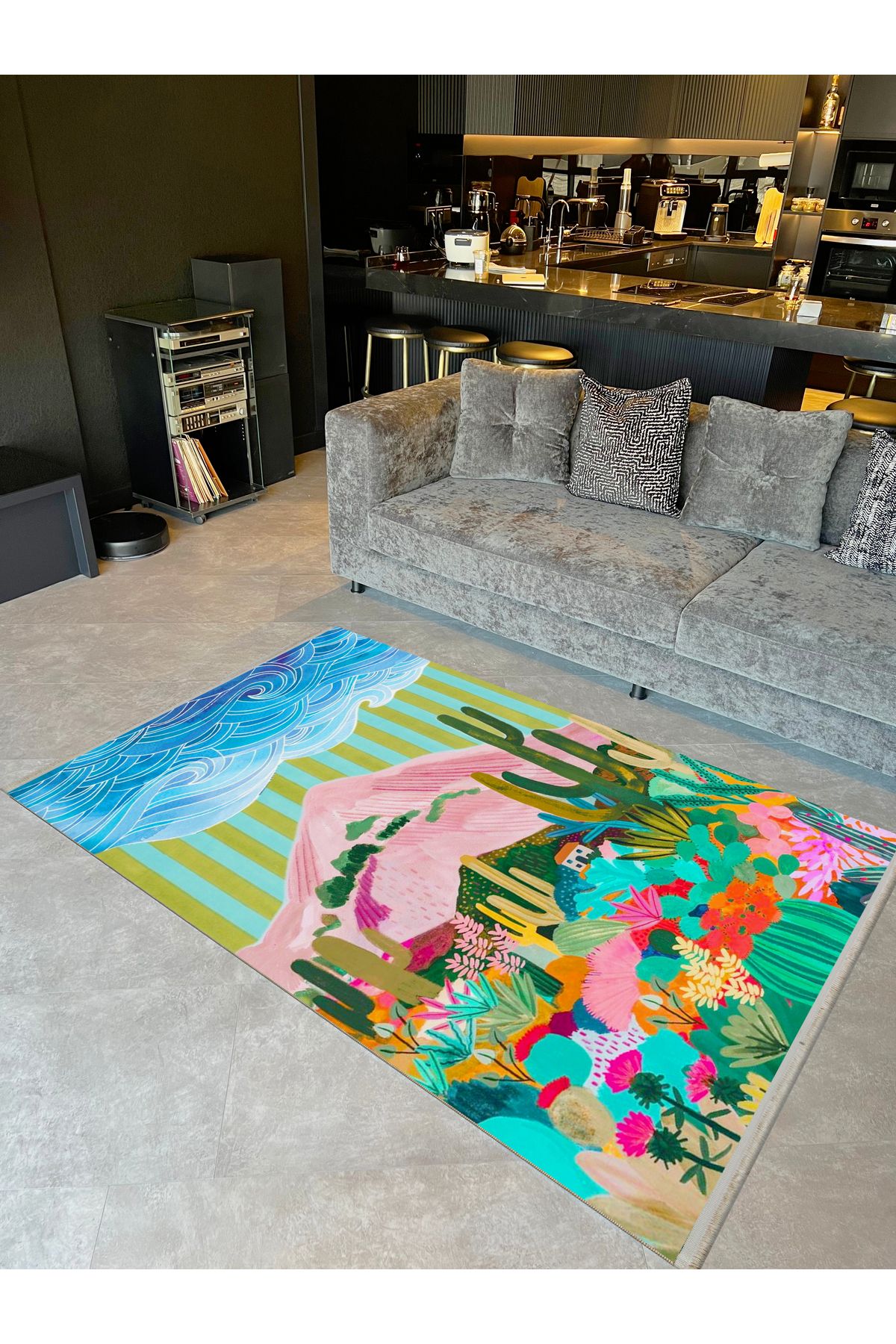 Yılmaz Koleksiyonu Çok Renkli Gökyüzü Dağ Kaktüsler Kreatif Modern Dekoratif Halı yılmaz37