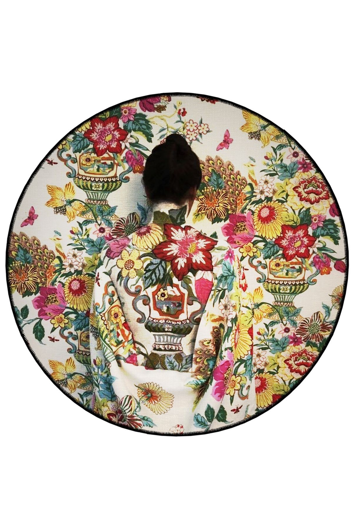 Çok Renkli Etnik Motifli Ve Kadın Silüeti Desenli Yuvarlak Dokuma Taban Vintage Dekoratif Halı 6169