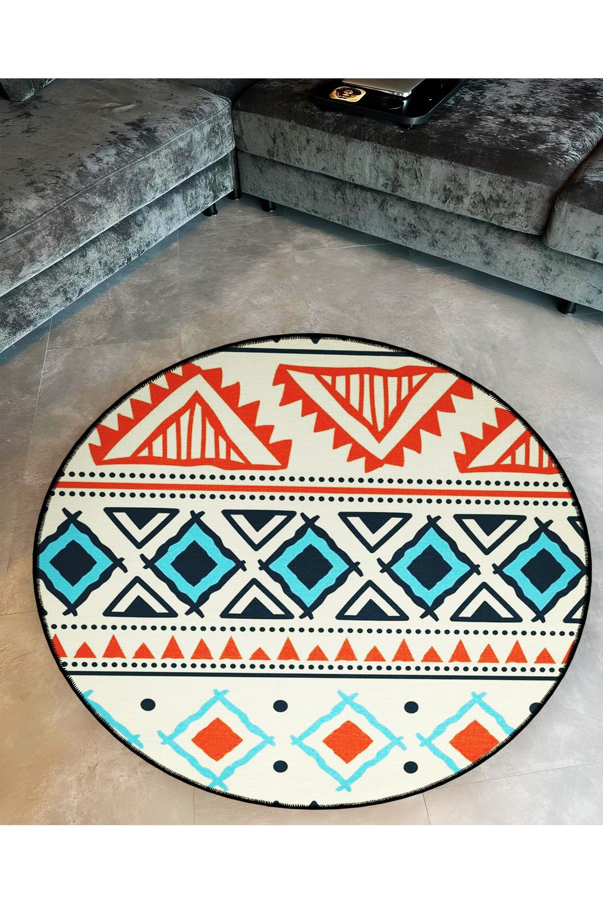 Mira Yuvarlak Mavi Turuncu Etnik Şekiller Dokuma Taban Modern Dekoratif Halı 5647
