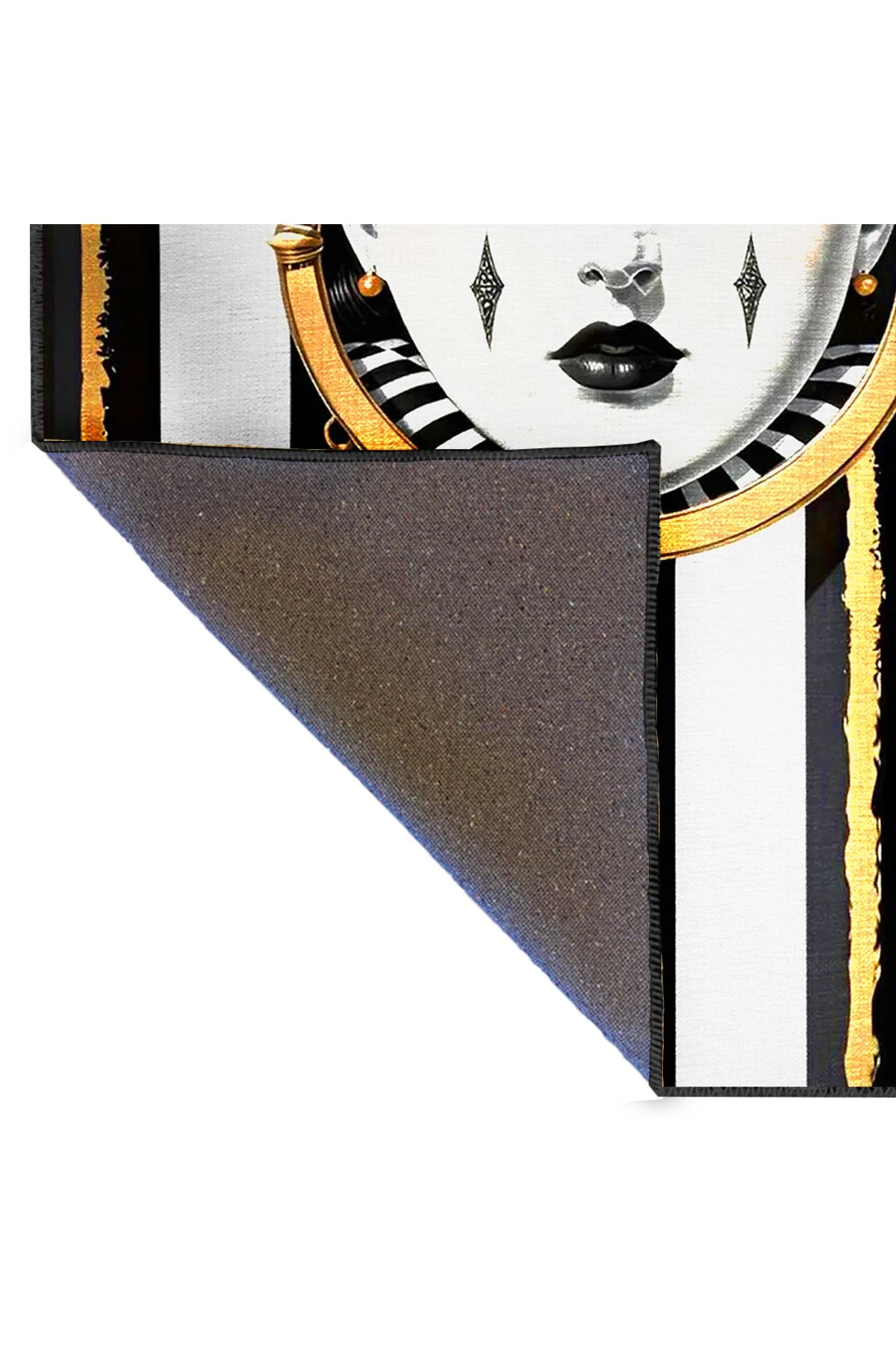 Siyah Beyaz Çizgi Temalı Gold Yüz Desenli Dokuma Taban Halı ve Yıkanabilir Halı miraface05