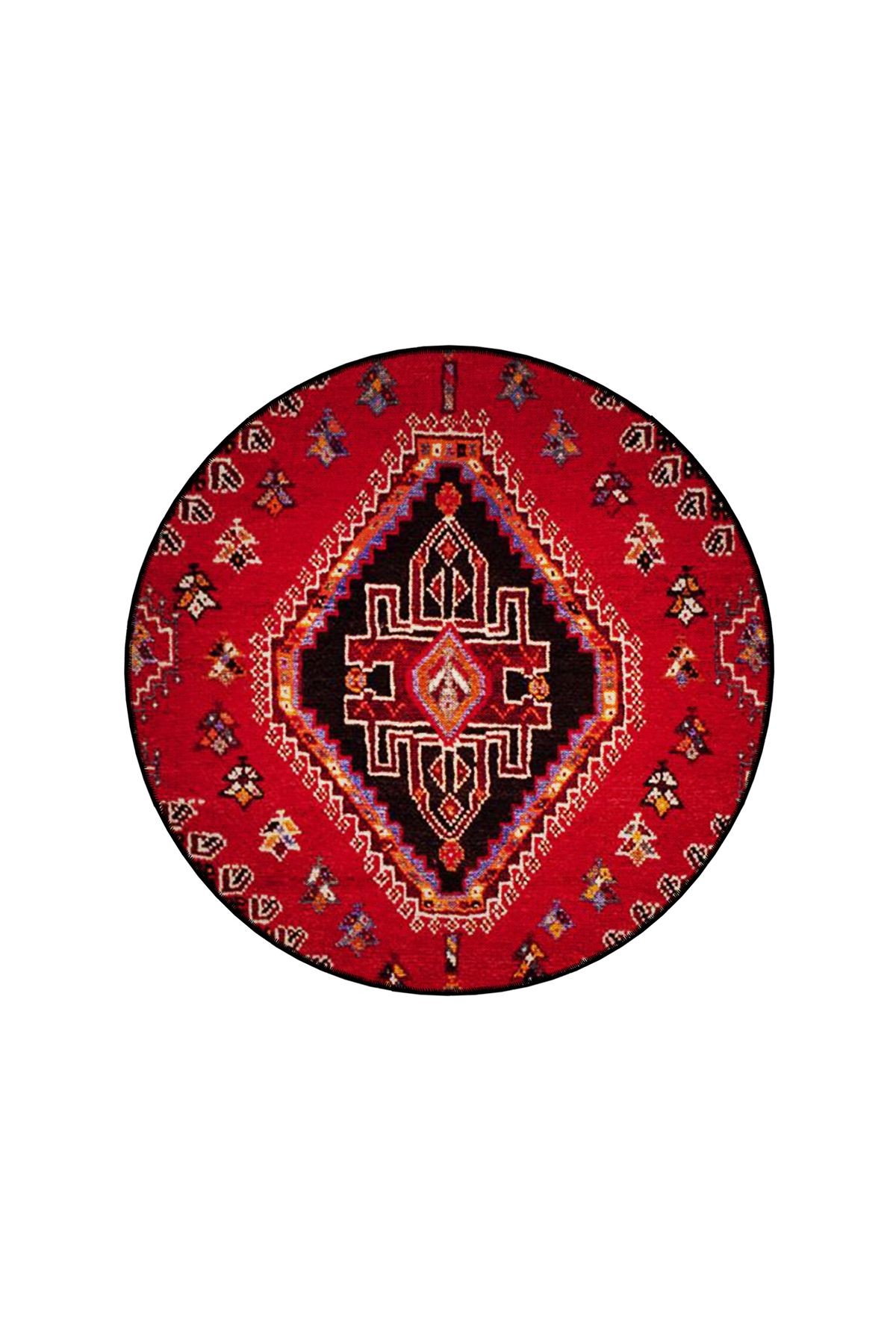 Kırmızı Temalı Etnik Motif Desenli Yuvarlak Dokuma Taban Vintage Dekoratif Halı 6226