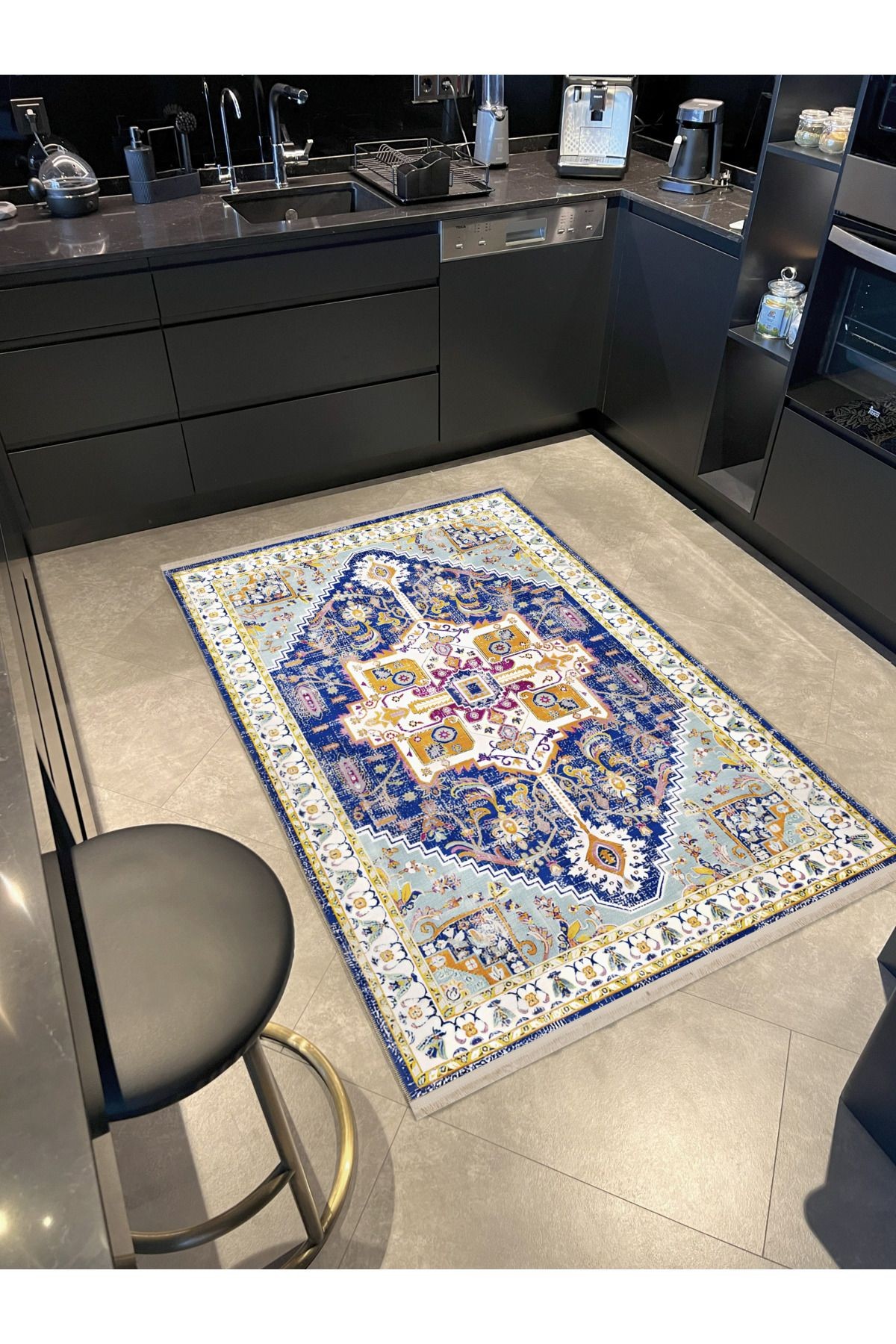 Açık Ton Mavi Sarı Temalı Geleneksel Motif Etnik Desenli Kreatif Vintage Dekoratif Halı 2043
