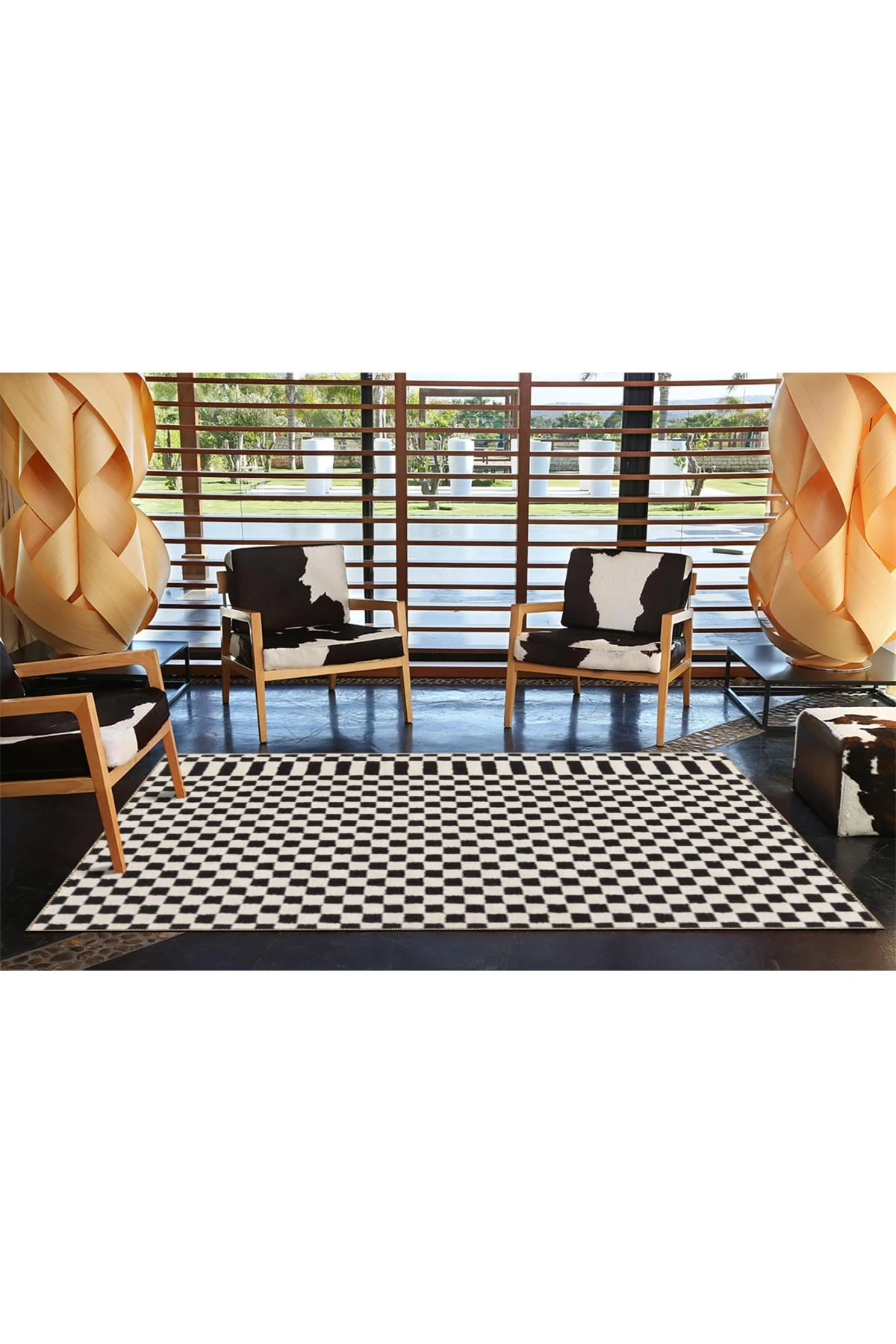 Siyah Beyaz Kareli Geometrik Dokuma Taban Yıkanabilir Halı Miravip9052