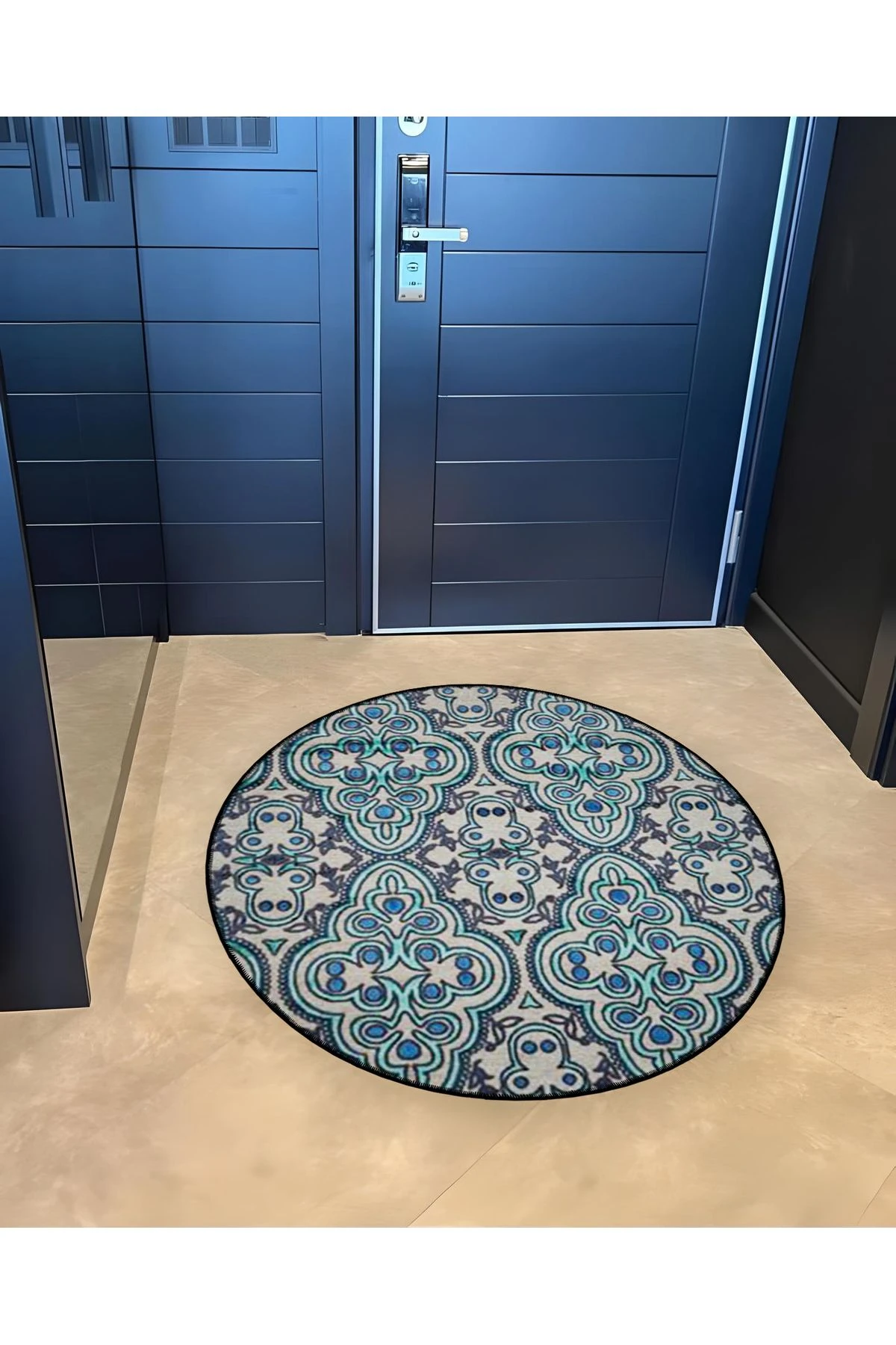 Mira Yuvarlak Mavi Tonlarda Etnik Desen Detaylı Dokuma Taban Modern Dekoratif Halı 5590