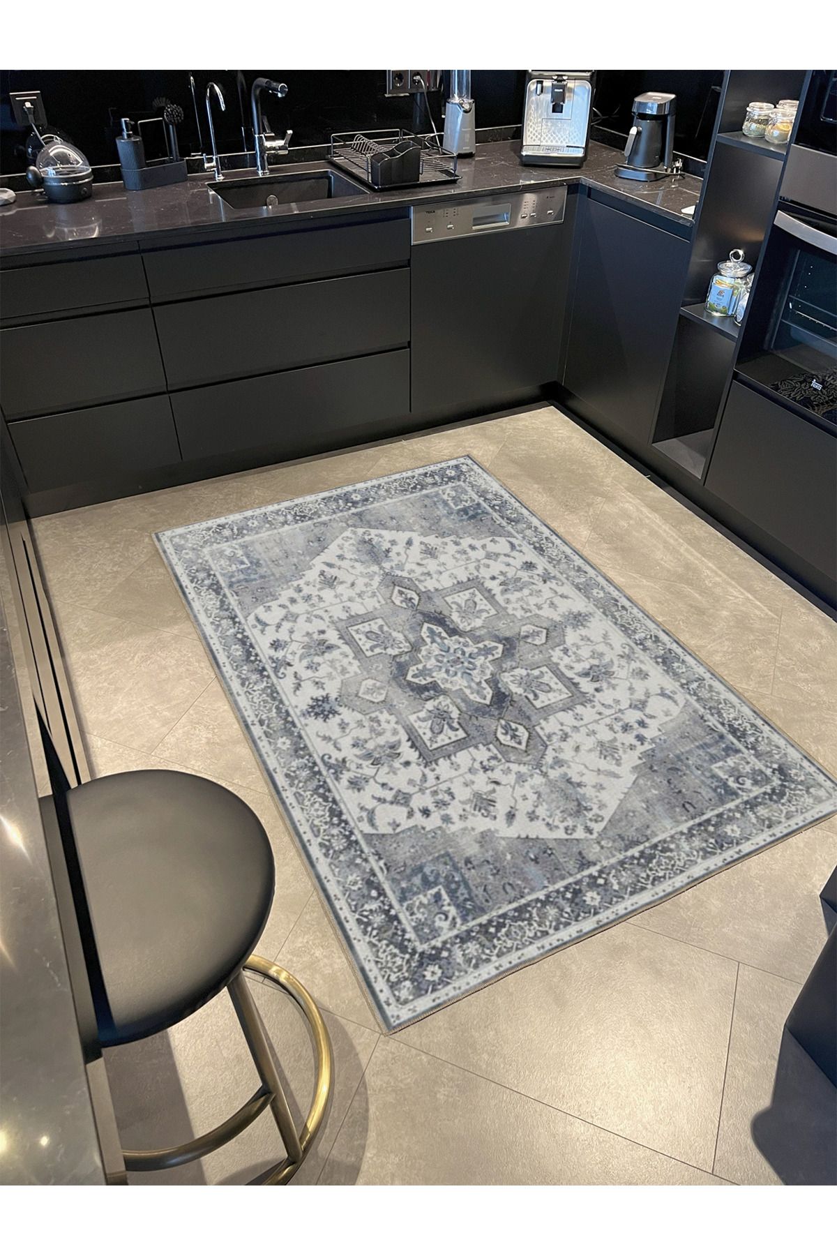 Antrasit Geleneksel Geometrik Desenli Yıkanabilir Dokuma Taban Halı miravip8087