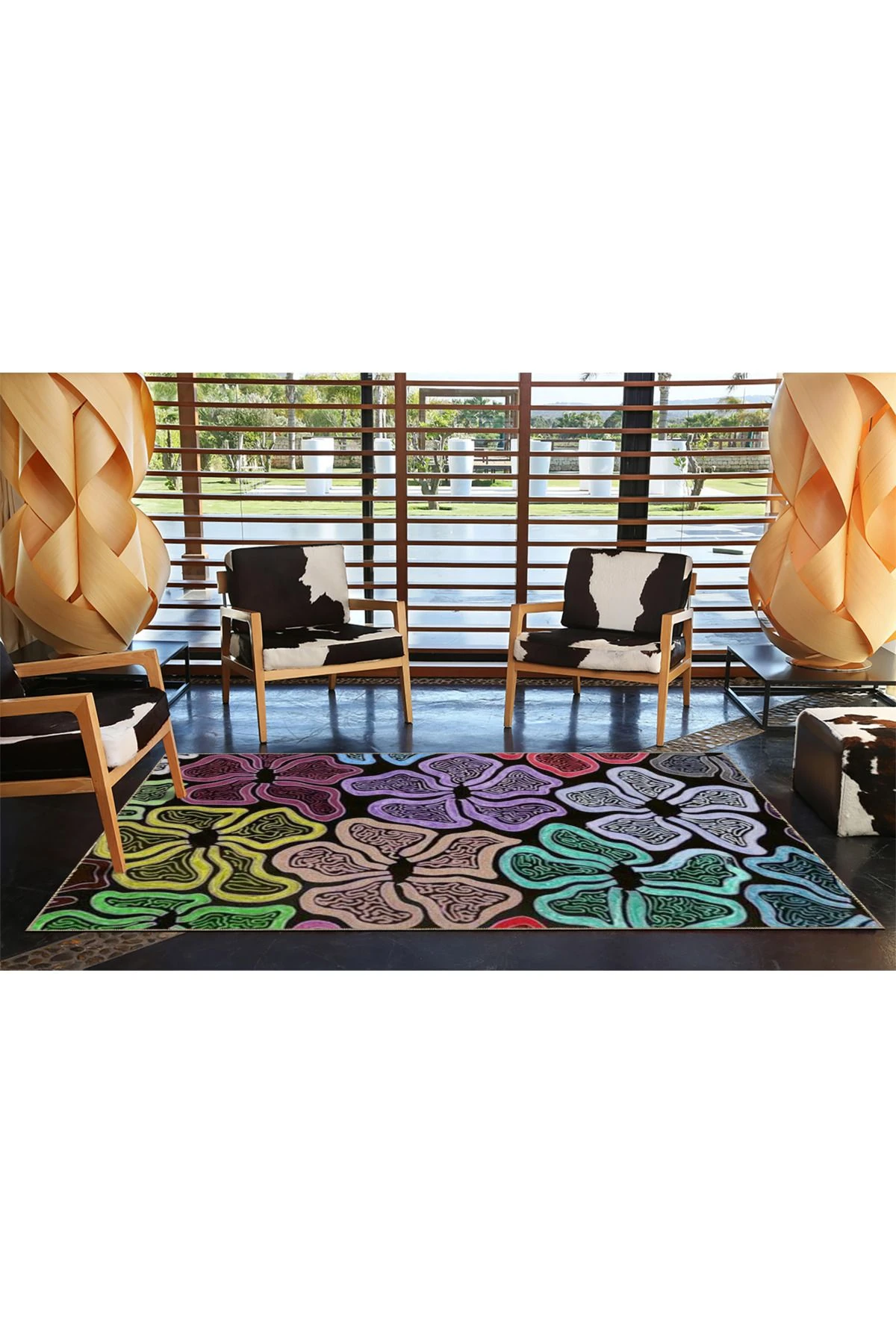 Siyah Temalı Çok Renkli Abstract Soyut Desenli Modern Dekoratif Halı 4711