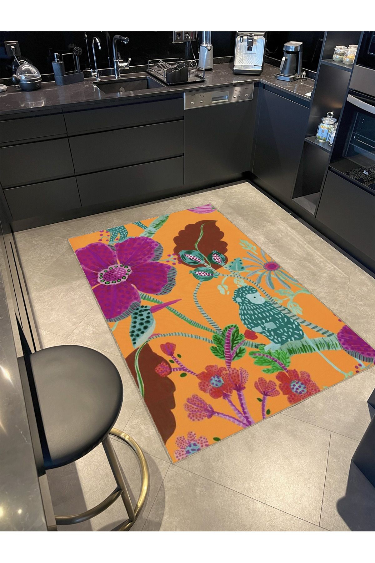 Turuncu Temalı Karma Çiçekler Desenli Kreatif Modern Dekoratif Halı 5066