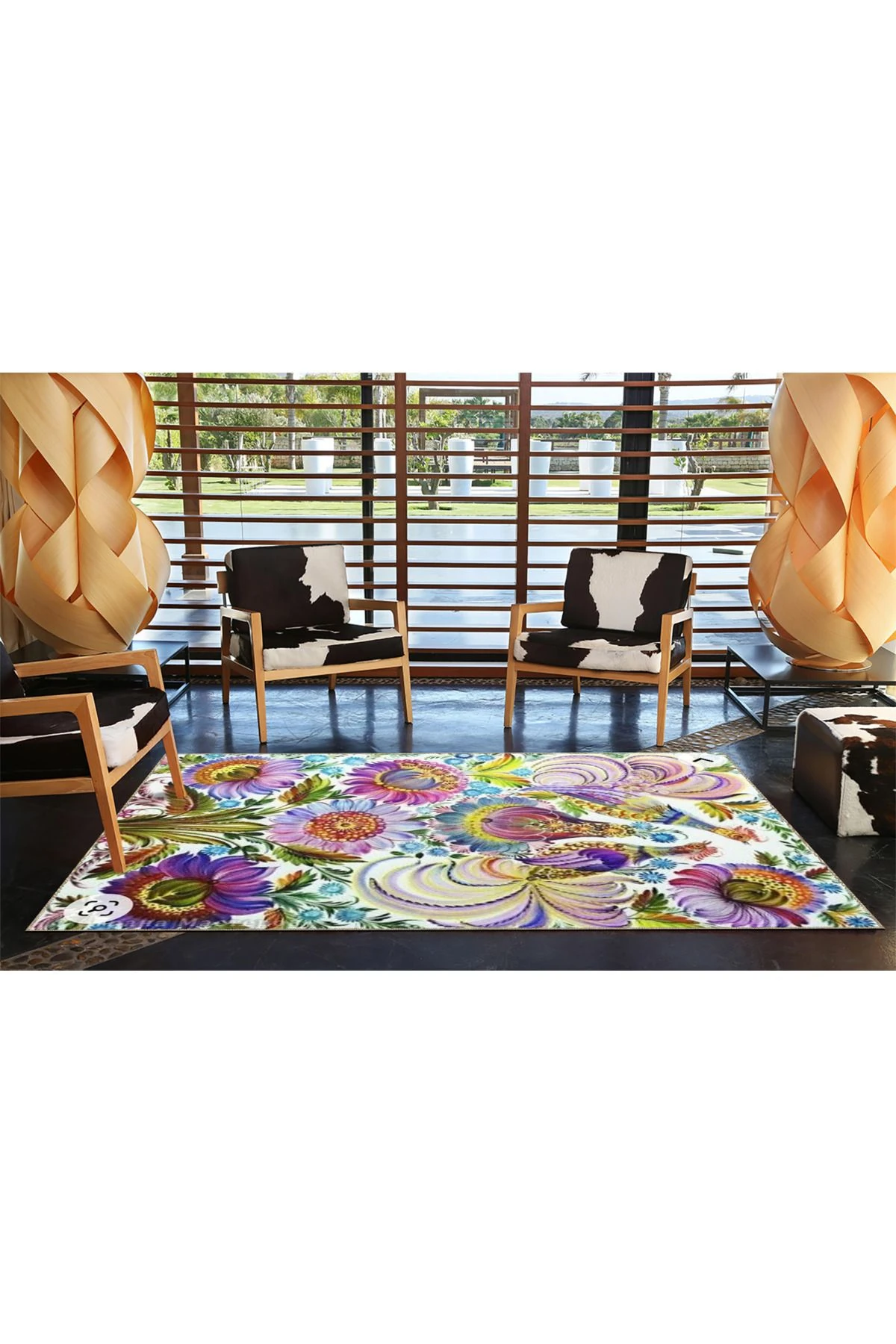 Mor Çiçekli Floral Modern Dekoratif Halı miravip153