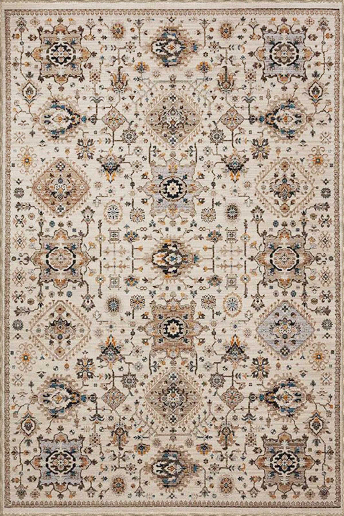 Bej Temalı Geleneksel Motif Etnik Desenli Vintage Dekoratif Halı 3937