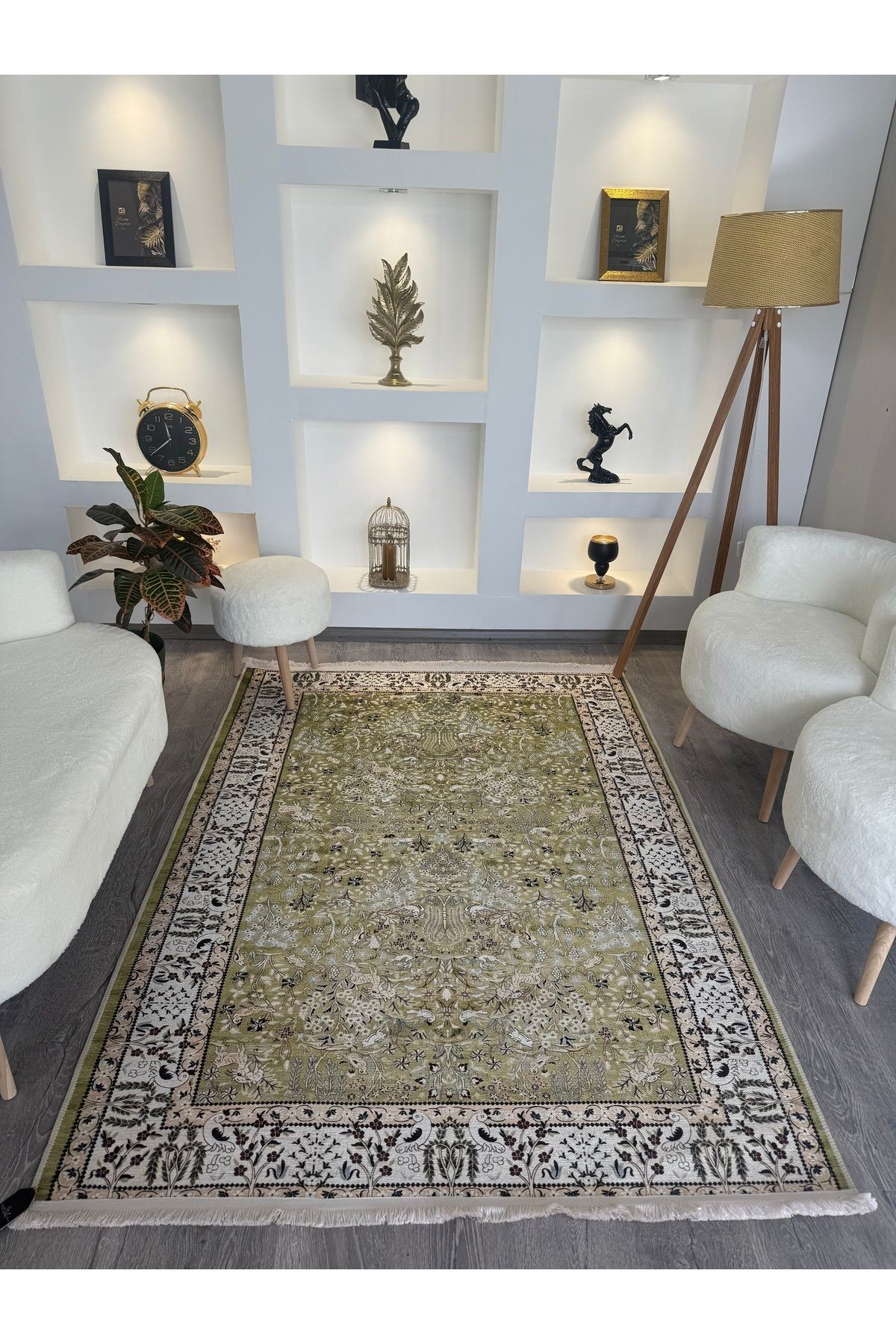 Yeşil Bej Temalı Geleneksel Motif Etnik Çiçek Desenli Kreatif Vintage Dekoratif Halı 2782